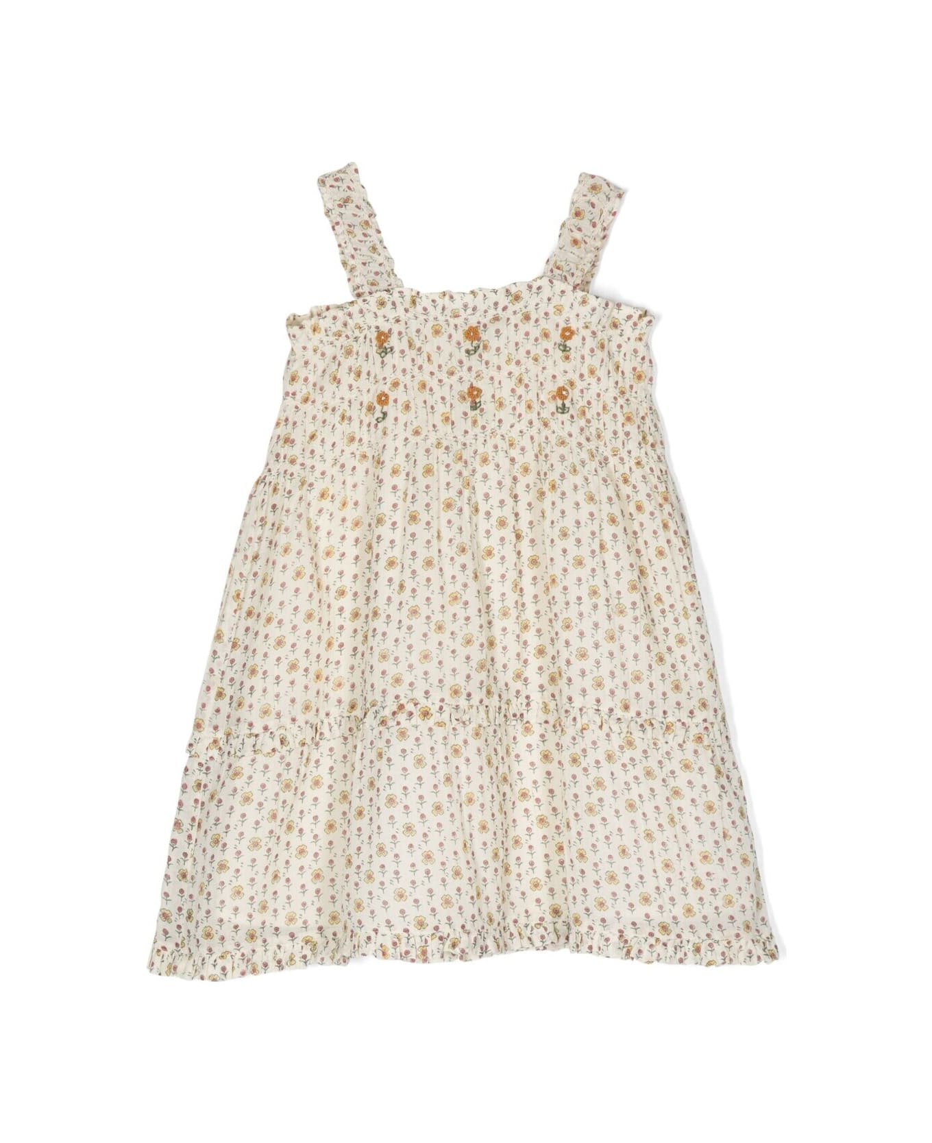 Emile Et Ida Multicolor Dress With All-over Floreal Print And Daisy Embroidery In Cotton Girl - Beige