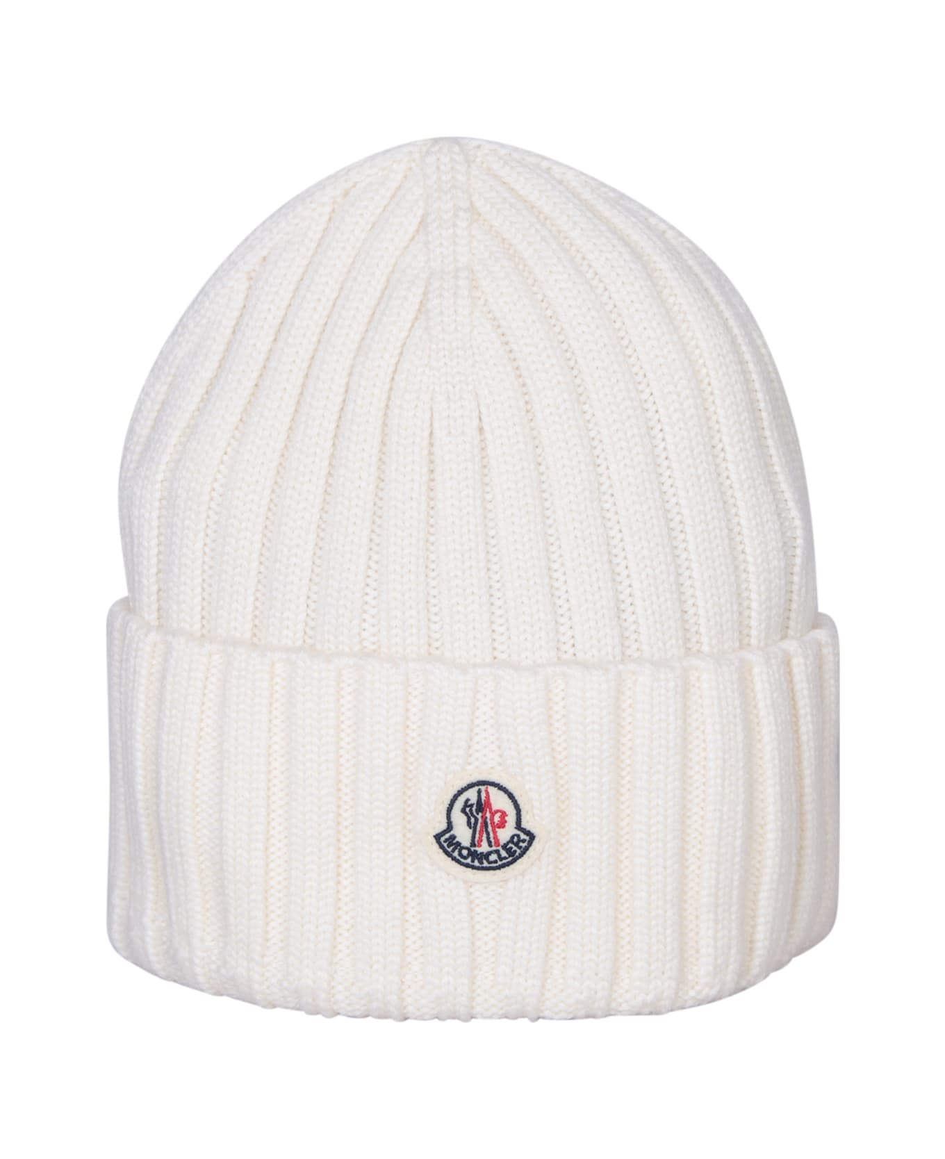 Moncler White Ribbed Wool Beanie With Logo - White 帽子