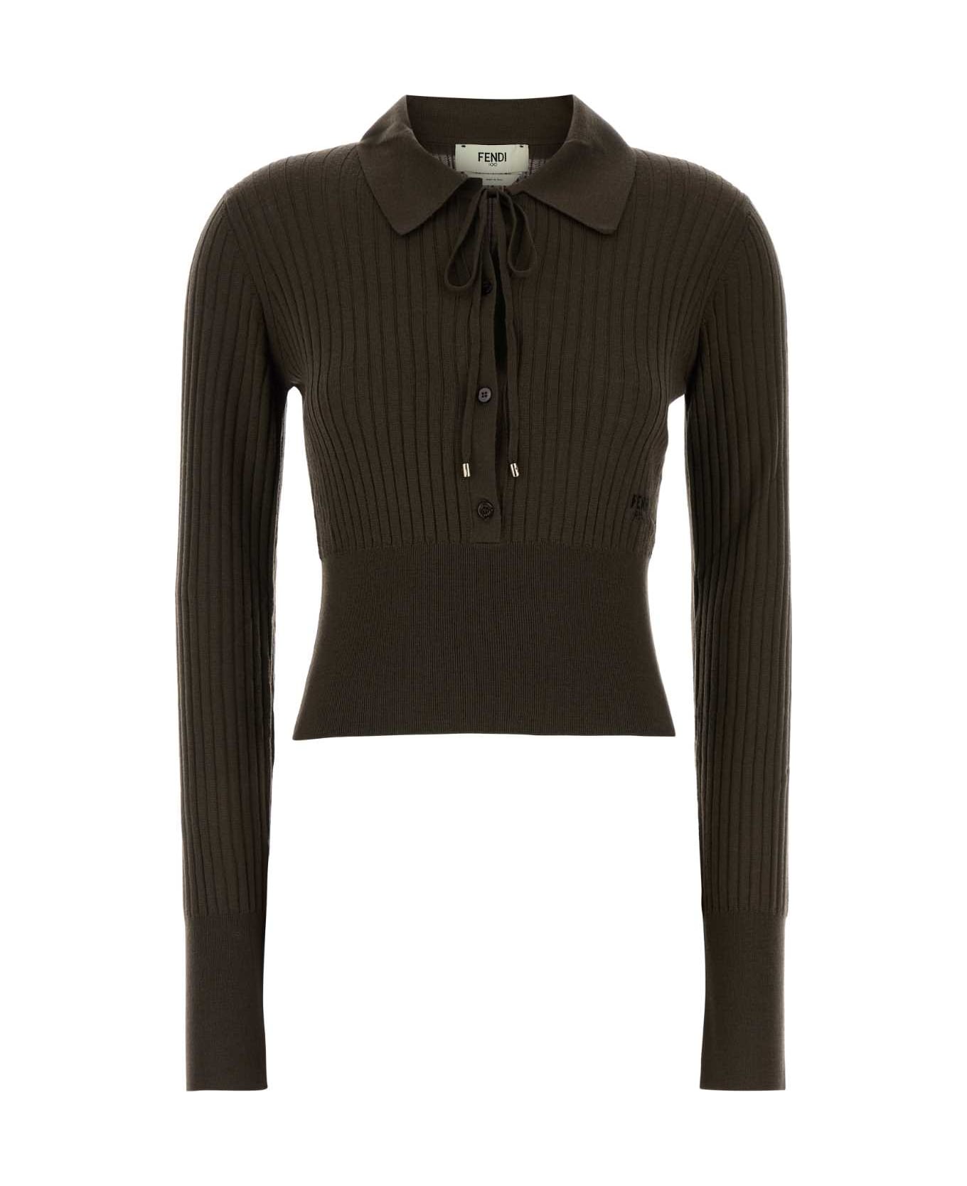Fendi Mud Stretch Wool Polo Shirt - BROWN