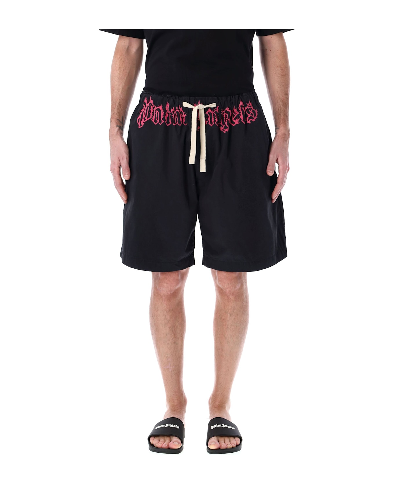 Palm Angels Flame Logo Sweat Shorts - BLACK FUCHSIA