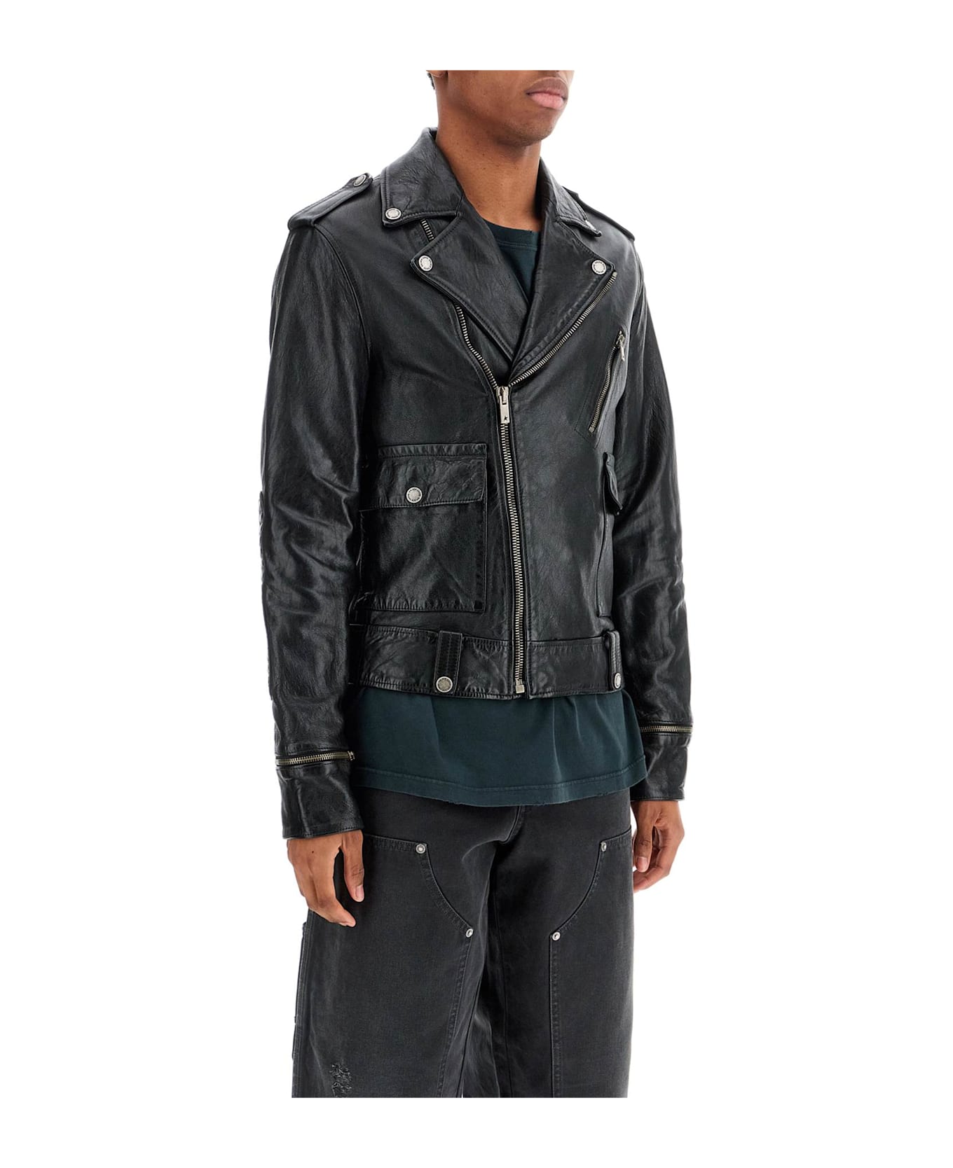 Golden Goose Black Waxed Leather Biker Jacket - BLACK (Black)