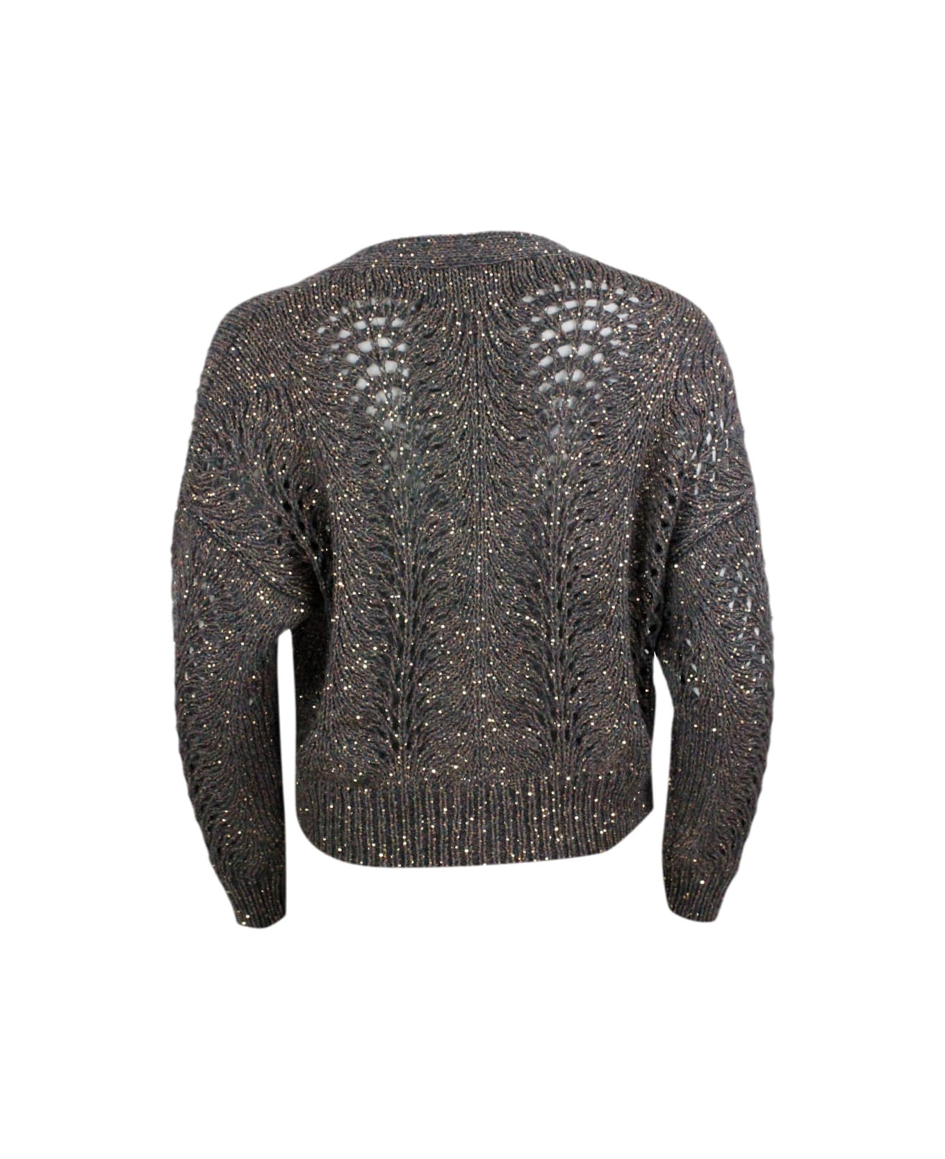 Brunello Cucinelli Cardigan Sweater With Buttons In Precious And Refined Feather Cashmere Embellished With A Dazzling Yarn With Sequins For A Shiny And Three-dimensional - Grey