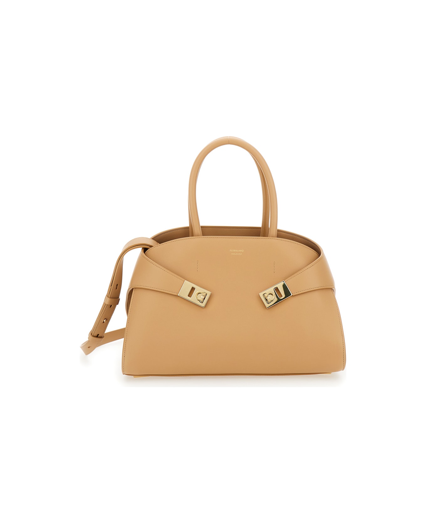 Ferragamo 
hug Small
 Beige Shoulder Bag With Logo And Gancini Buckle In Leather Woman - Beige
