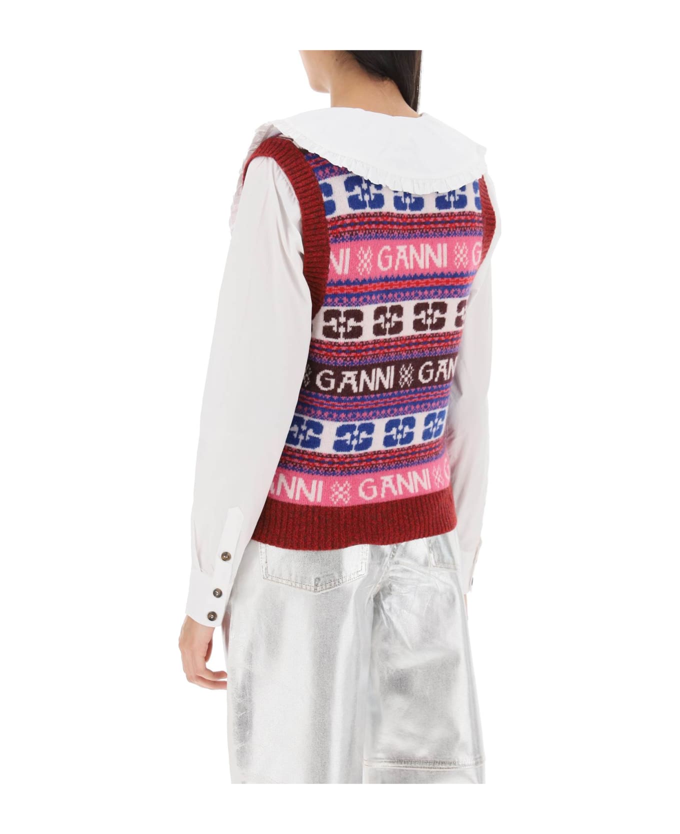 Ganni Jacquard Wool Vest With Logo Pattern - MULTICOLOUR