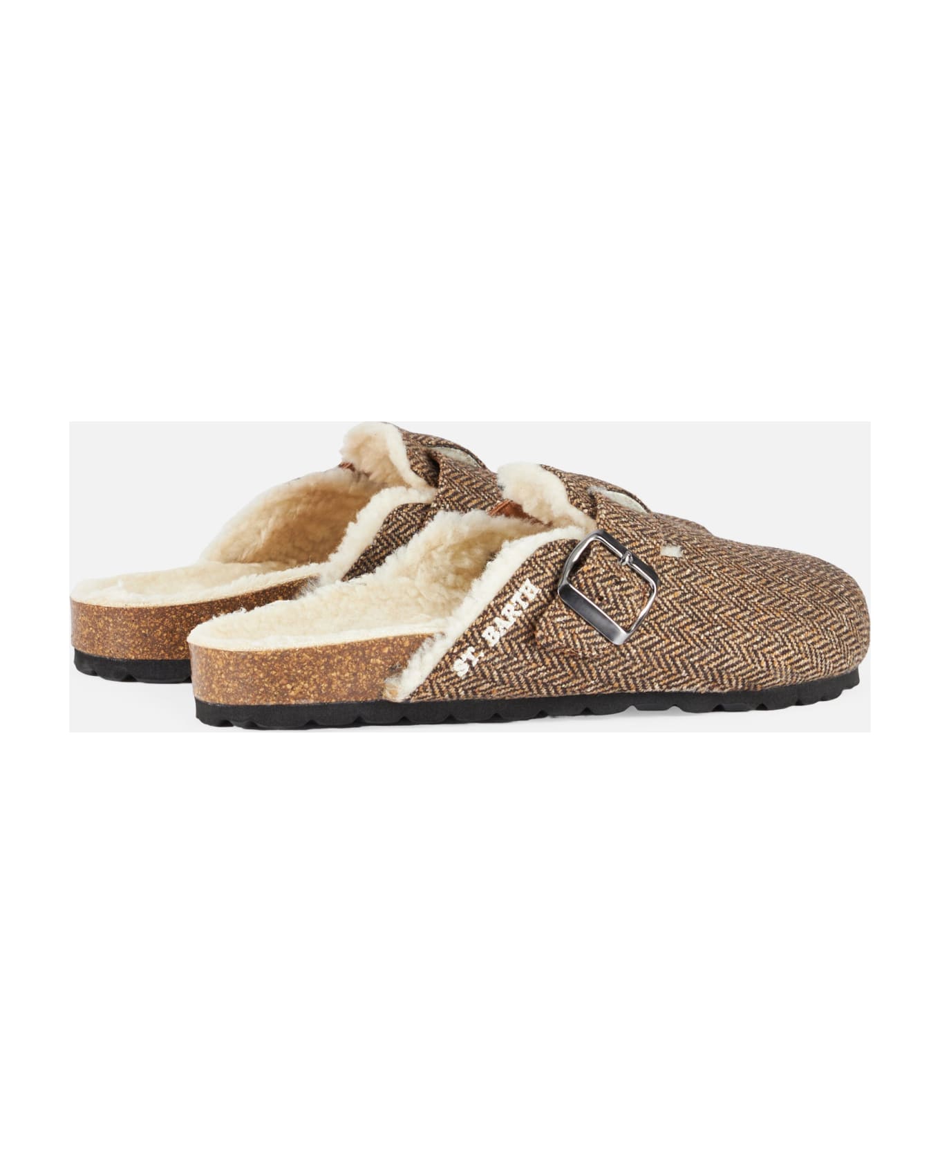 MC2 Saint Barth Woman Sandal Furry Clogs With Herringbone Print - BROWN