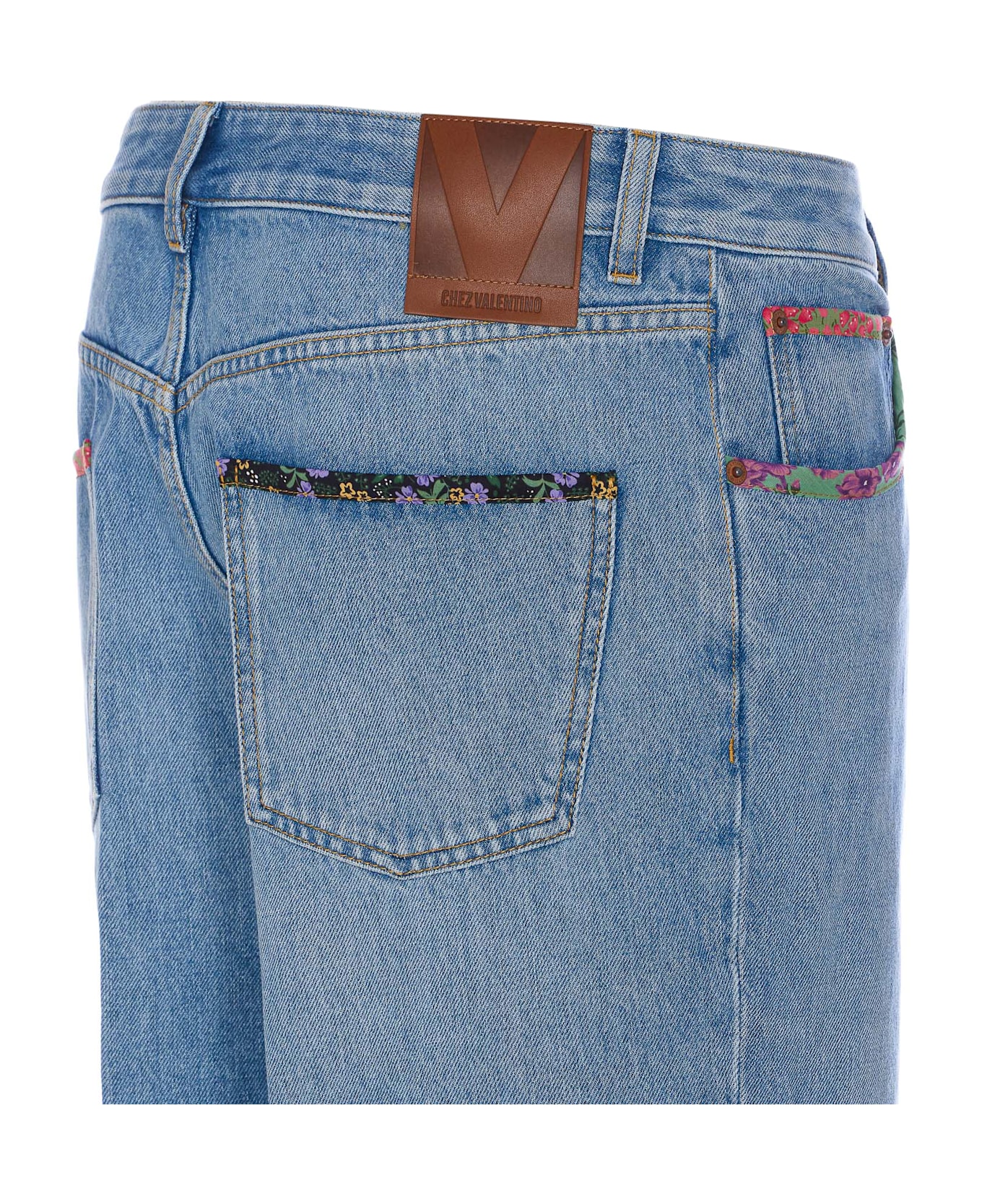 Valentino Garavani Floral Print Hem Denim Trousers - Blue