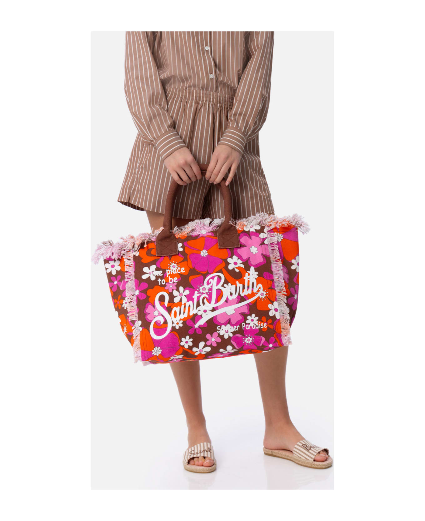 MC2 Saint Barth Cotton Canvas Tote Bag With Retro Flower Print - BROWN