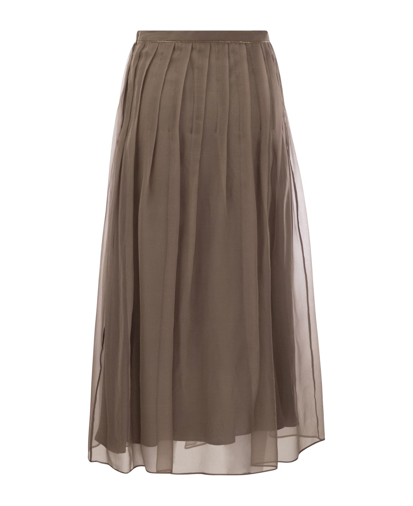 Brunello Cucinelli Crispy Silk Pleated Midi Skirt With Shiny Waistband - Brown