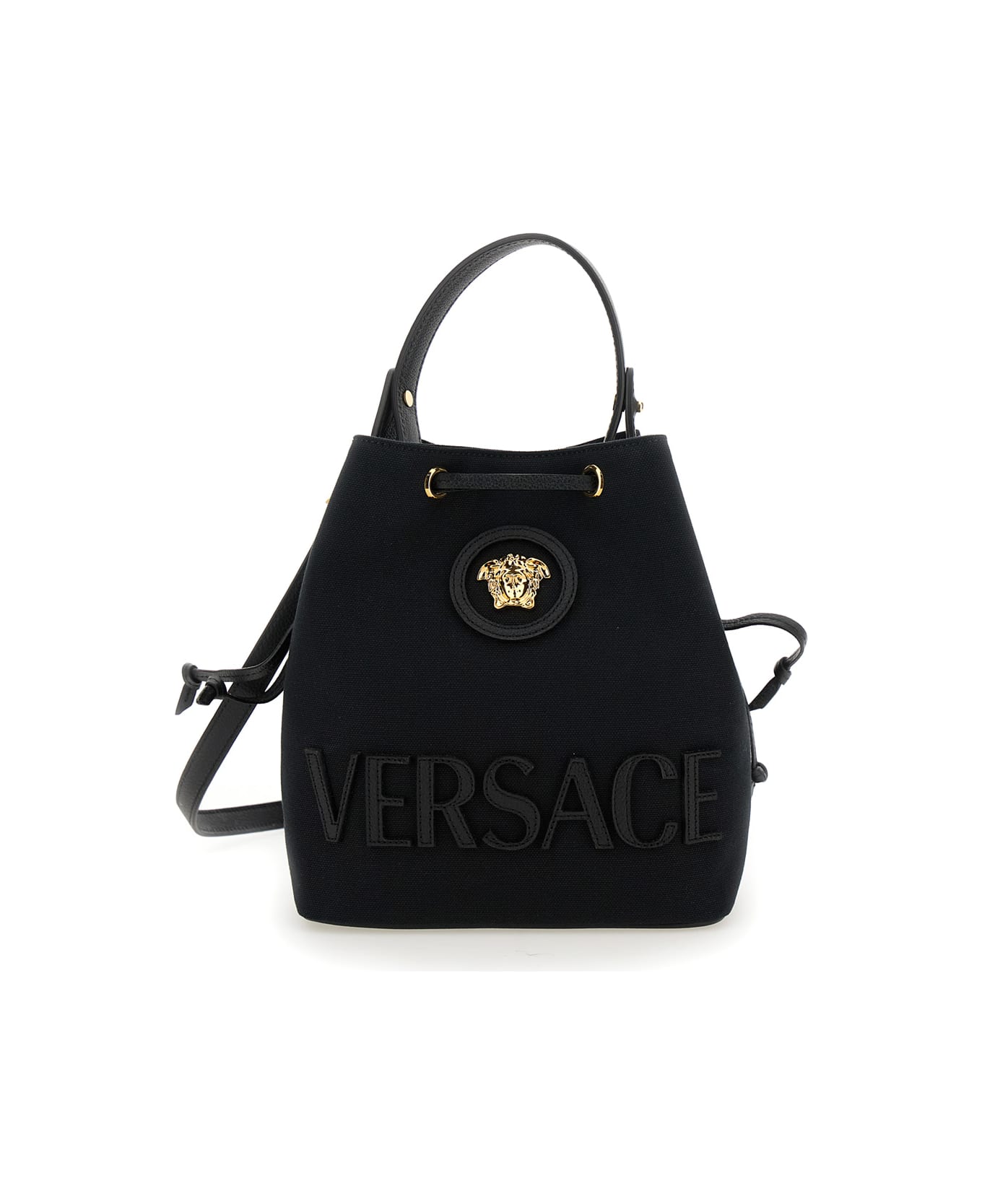 Versace 'la Medusa' Black Bucket Bag With Maxi Logo Lettering And Medusa Motif In Canvas Woman - Black