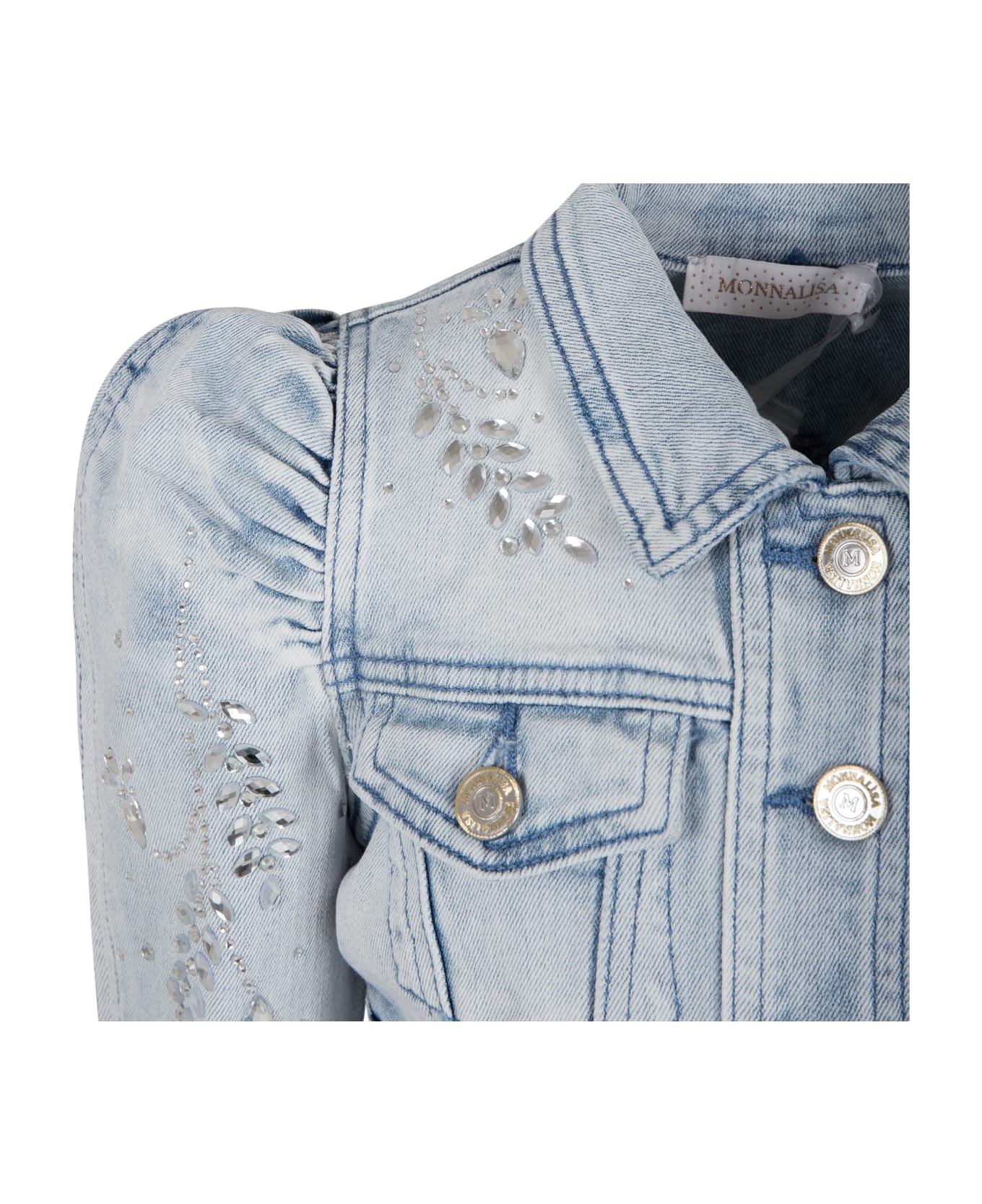 Monnalisa Denim Jacket For Girl With Rhinestones - Denim