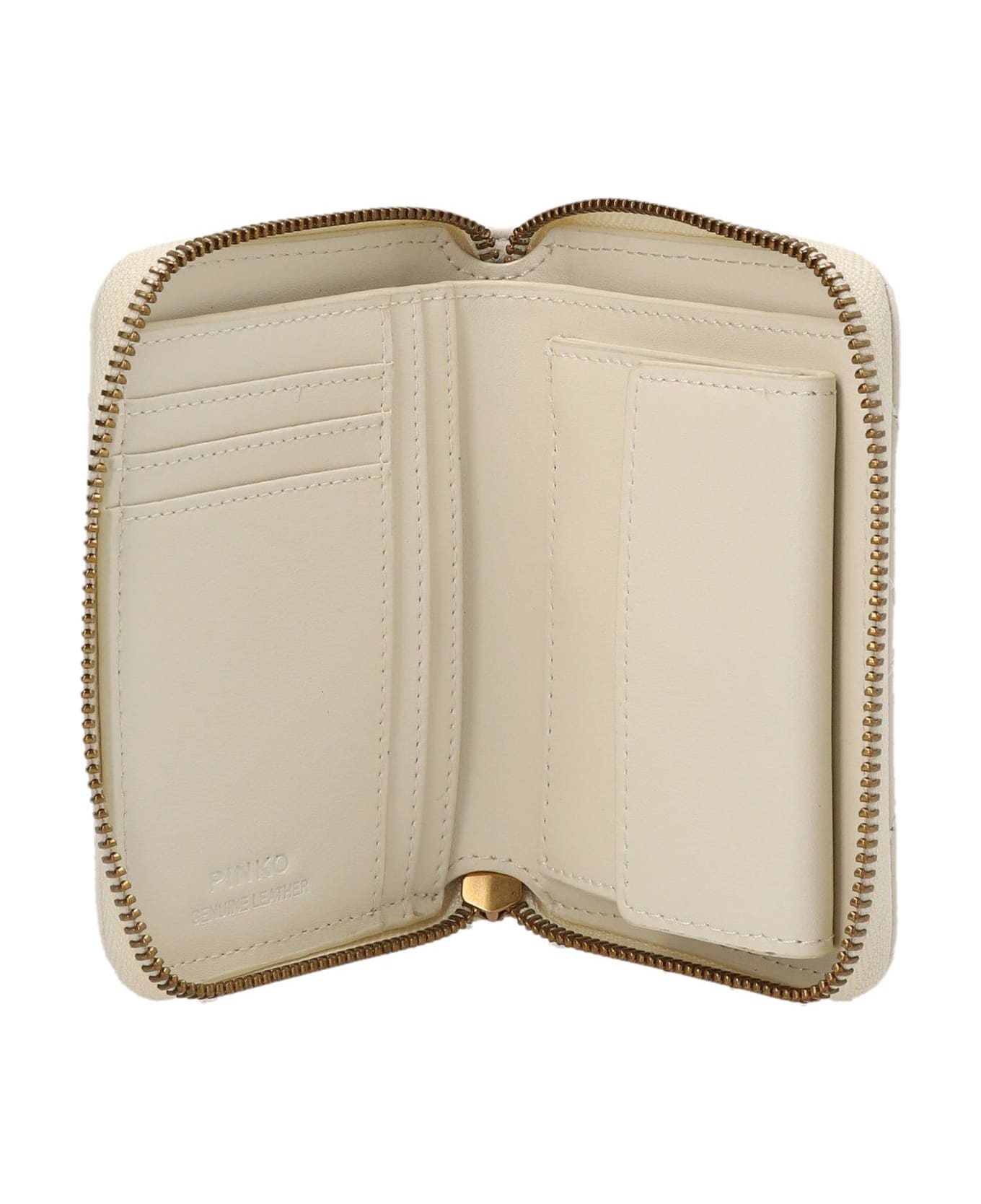 Pinko Logo Plaque Quilted Zipped Wallet - Bianco seta-antique gold