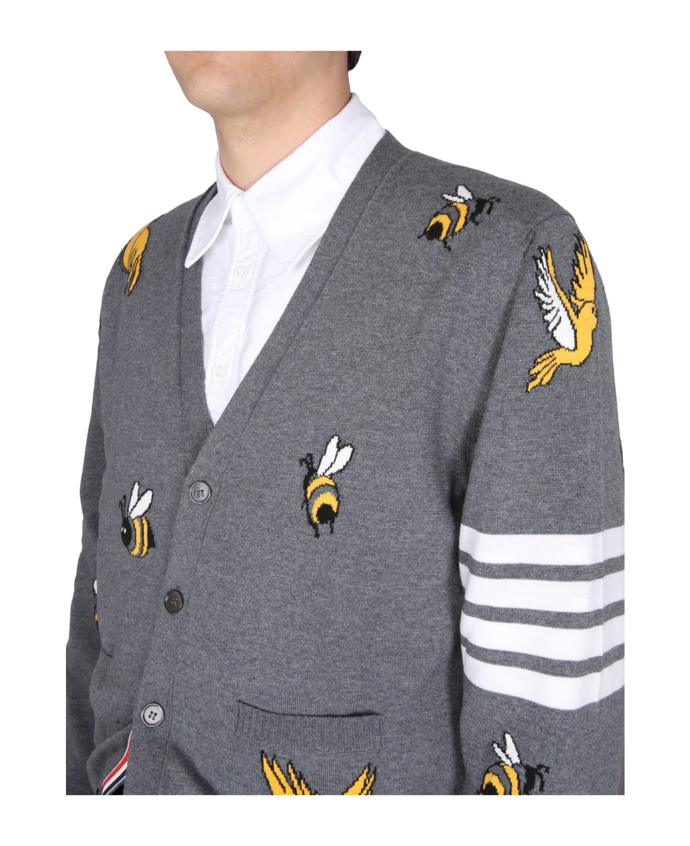 Thom Browne Cardigan With Birds And Bees Inlays - GRIGIO