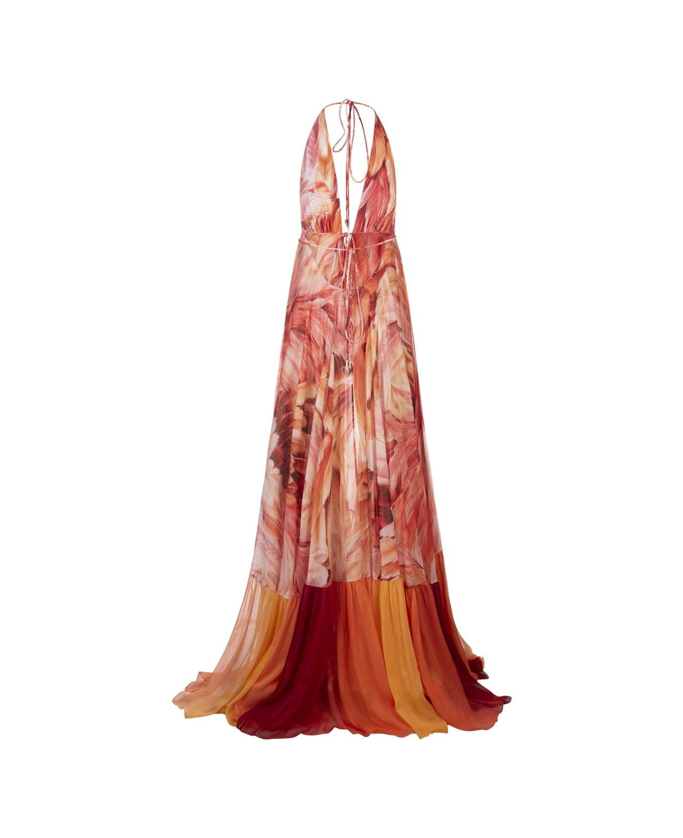 Roberto Cavalli Long Sleeveless Silk Dress With Orange Plumage Print - Orange