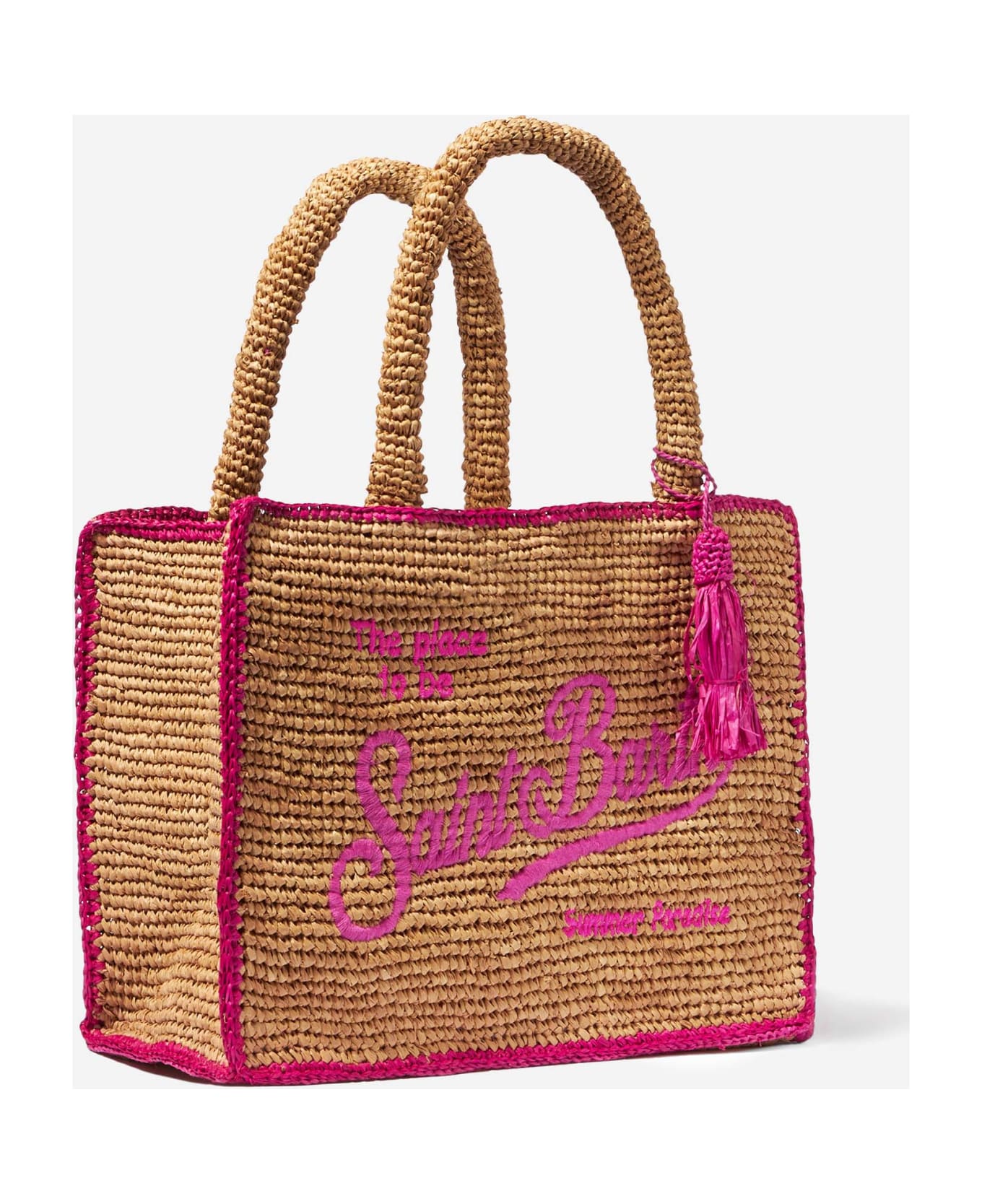 MC2 Saint Barth Raffia Bag With Fuchsia Front Embroidery - WHITE トートバッグ
