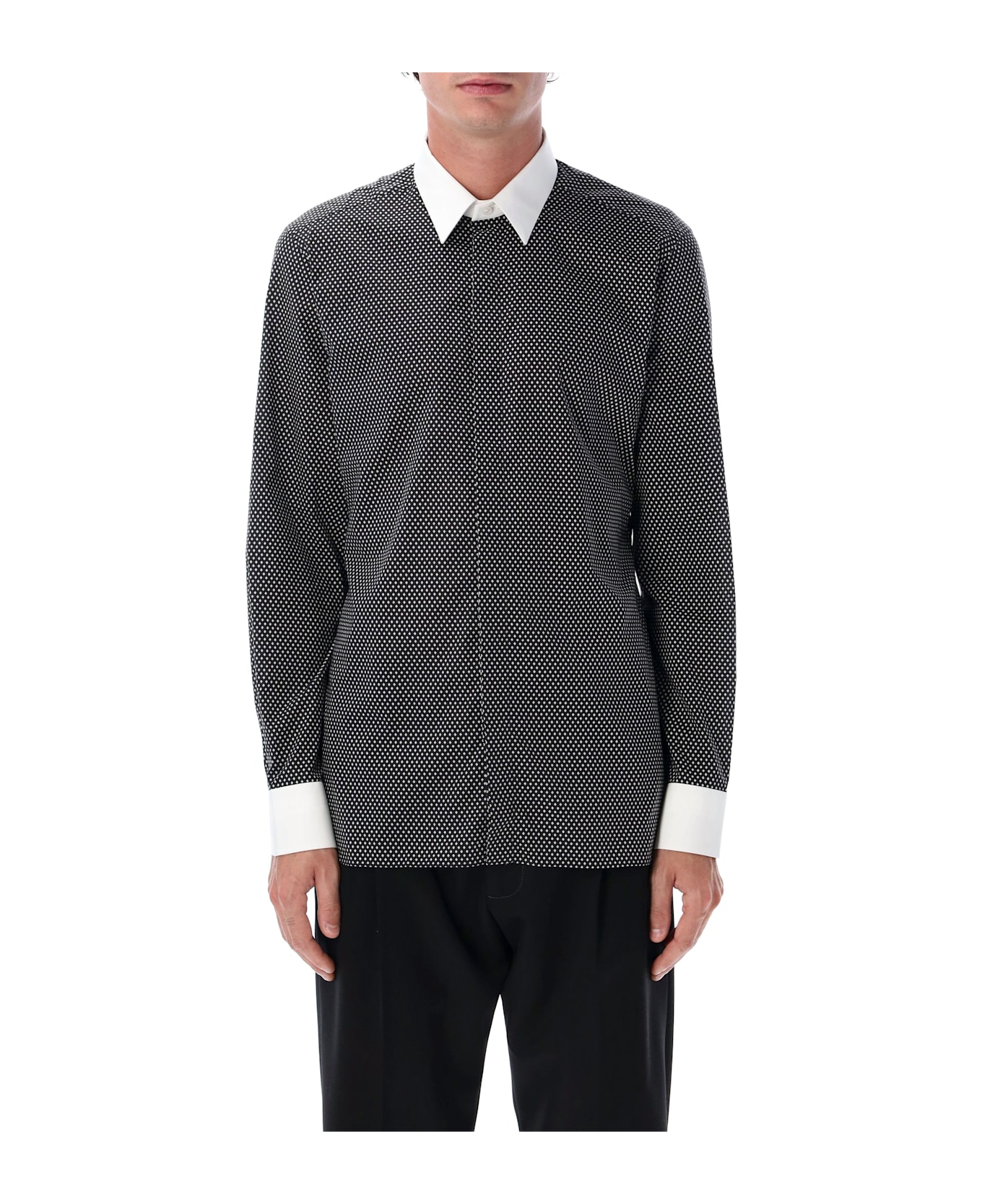 Tom Ford Cotton Shirt With Diamond Print And Contrast White Collar - BLACK