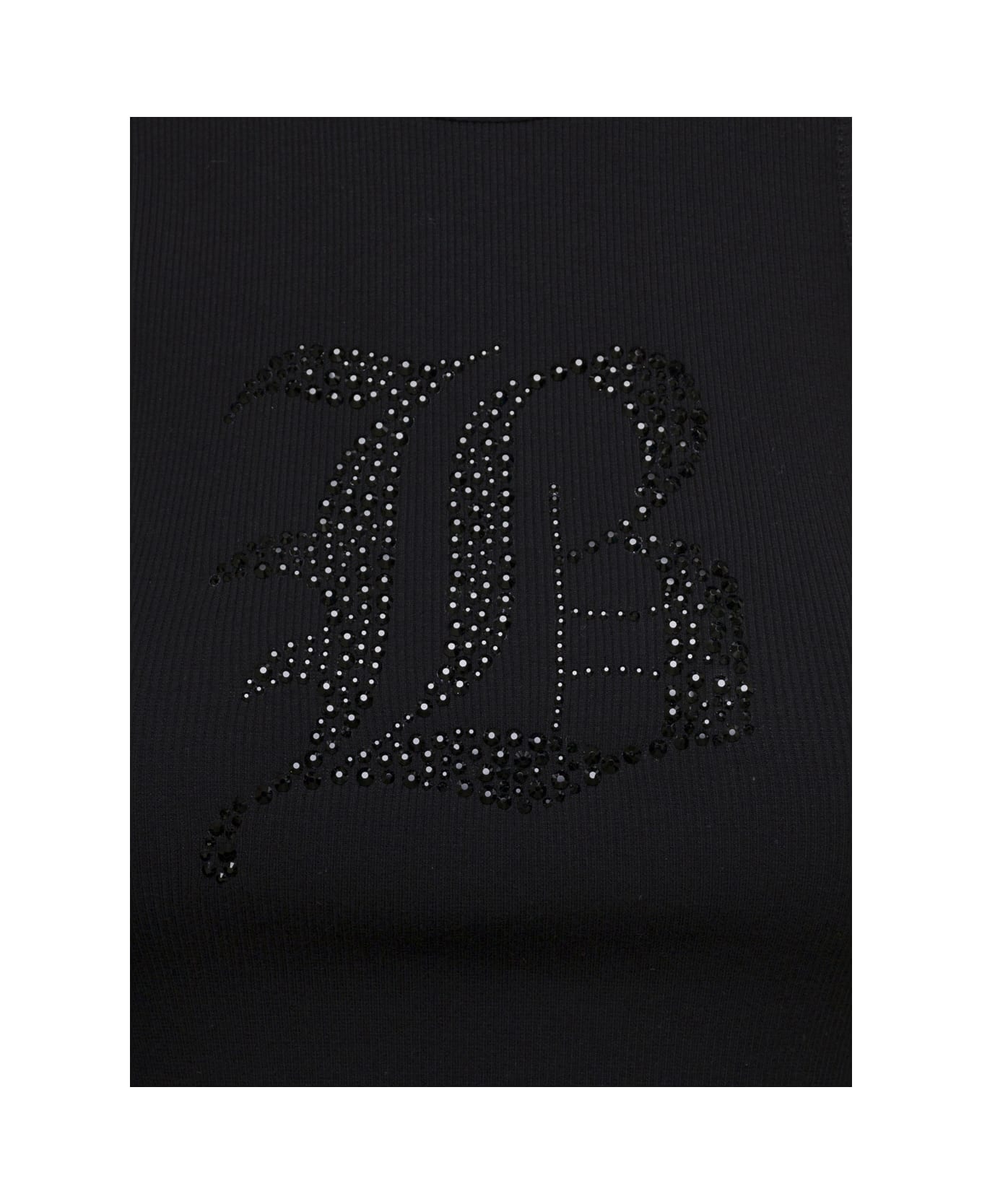 Blumarine Black Ribbed Tank Top With Rhinestone Logo In Cotton Woman - Black