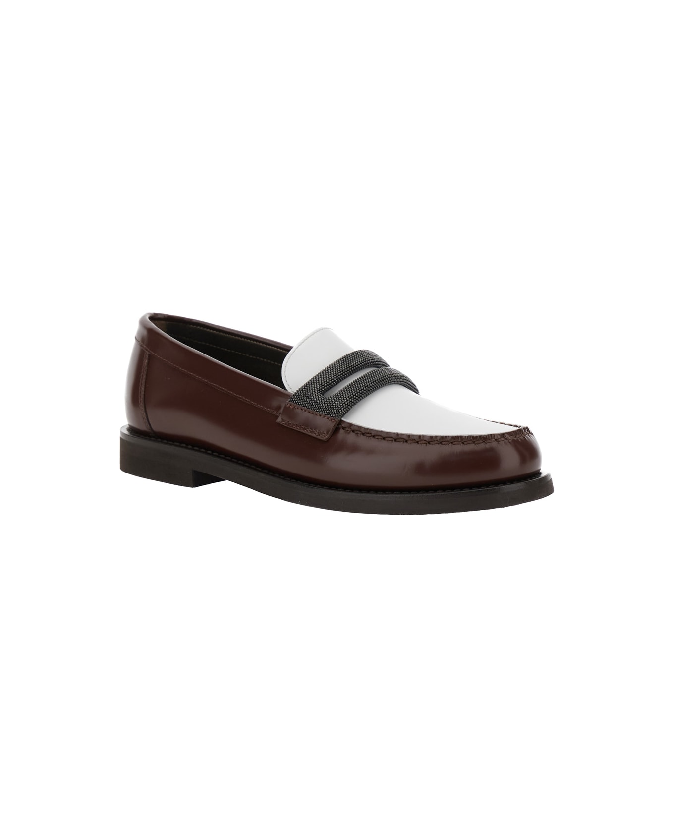 Brunello Cucinelli Brown Loafers With Monile Detail And Chain In Leather Woman - Brown