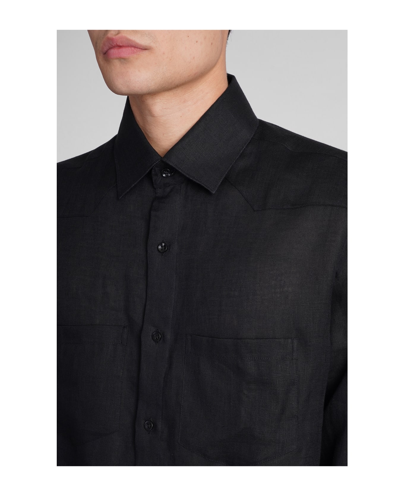 Low Brand Shirt S141 Shirt In Black Linen - black シャツ
