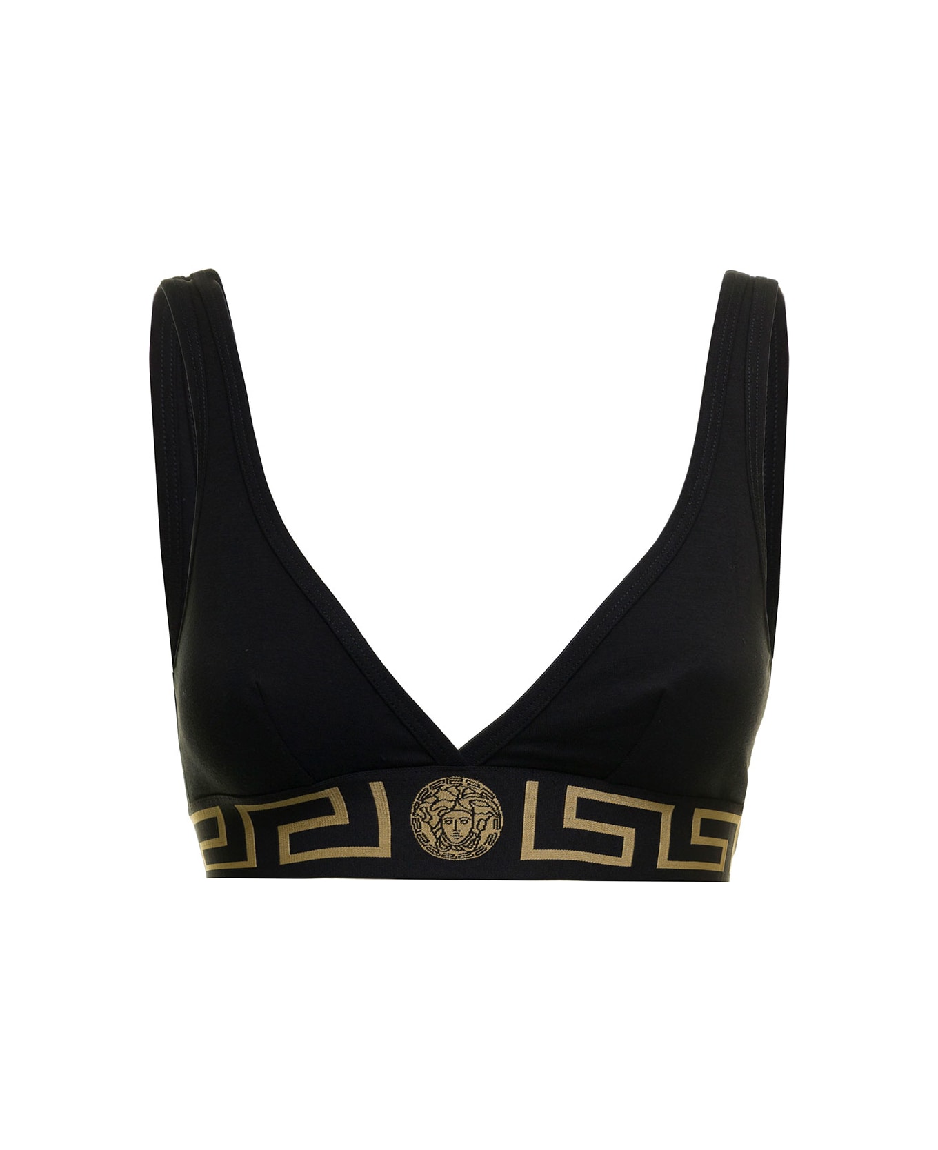 Versace Woman's Black Stretch Cotton Top With Greek Insert Detail - Black
