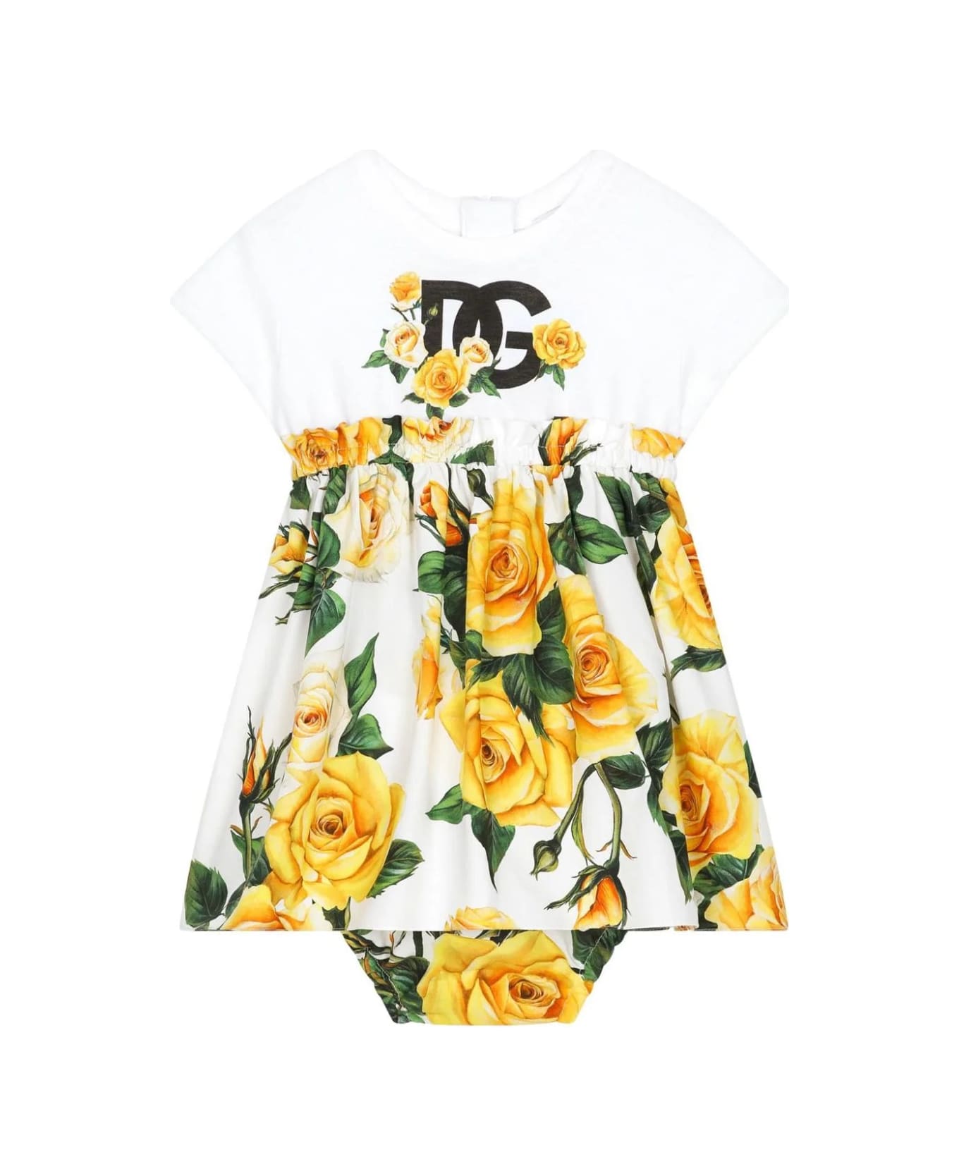 Dolce & Gabbana Jersey And Poplin Dress With Dg Logo And Yellow Rose Print - White