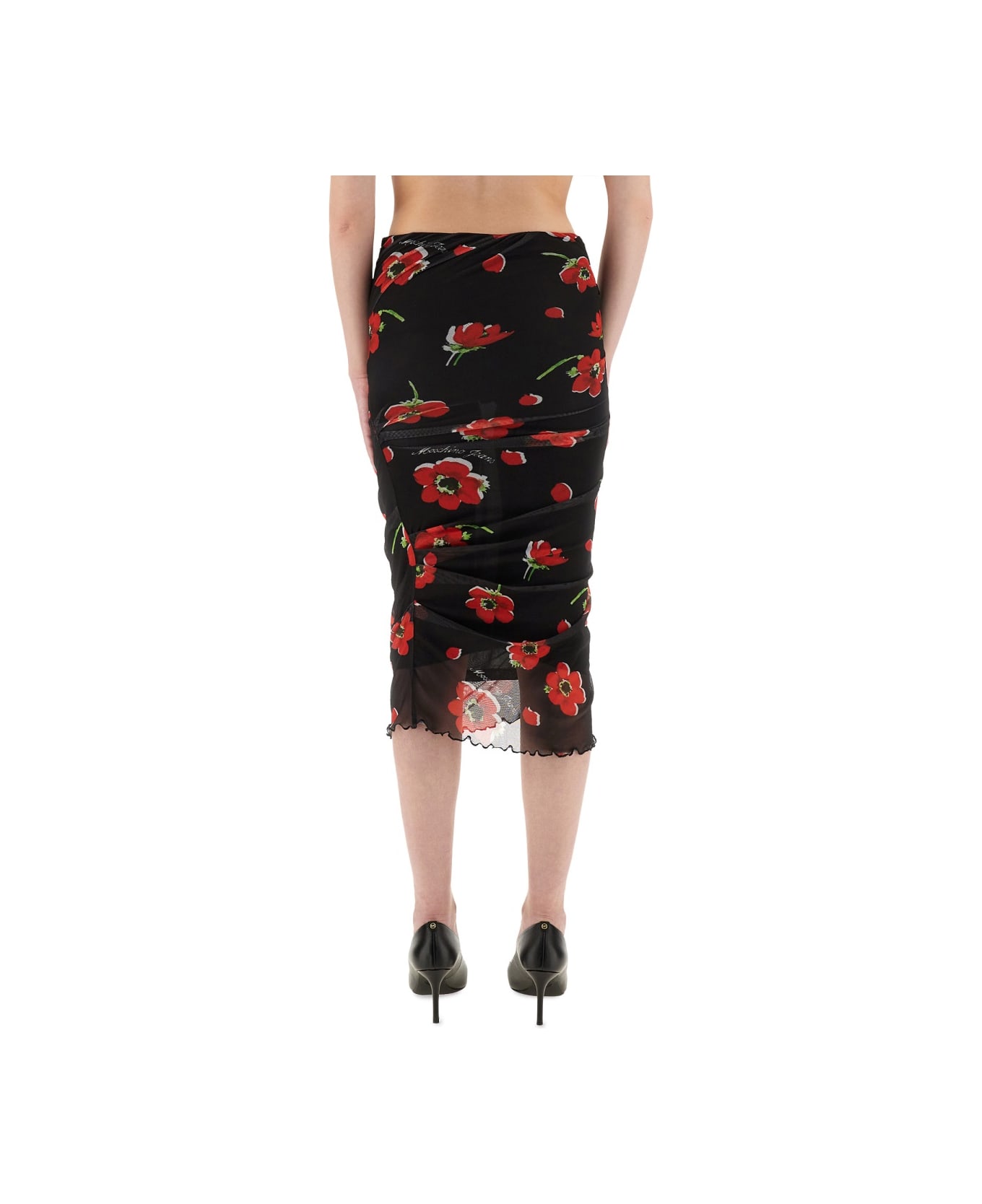 M05CH1N0 Jeans Floral Mesh Skirt - BLACK