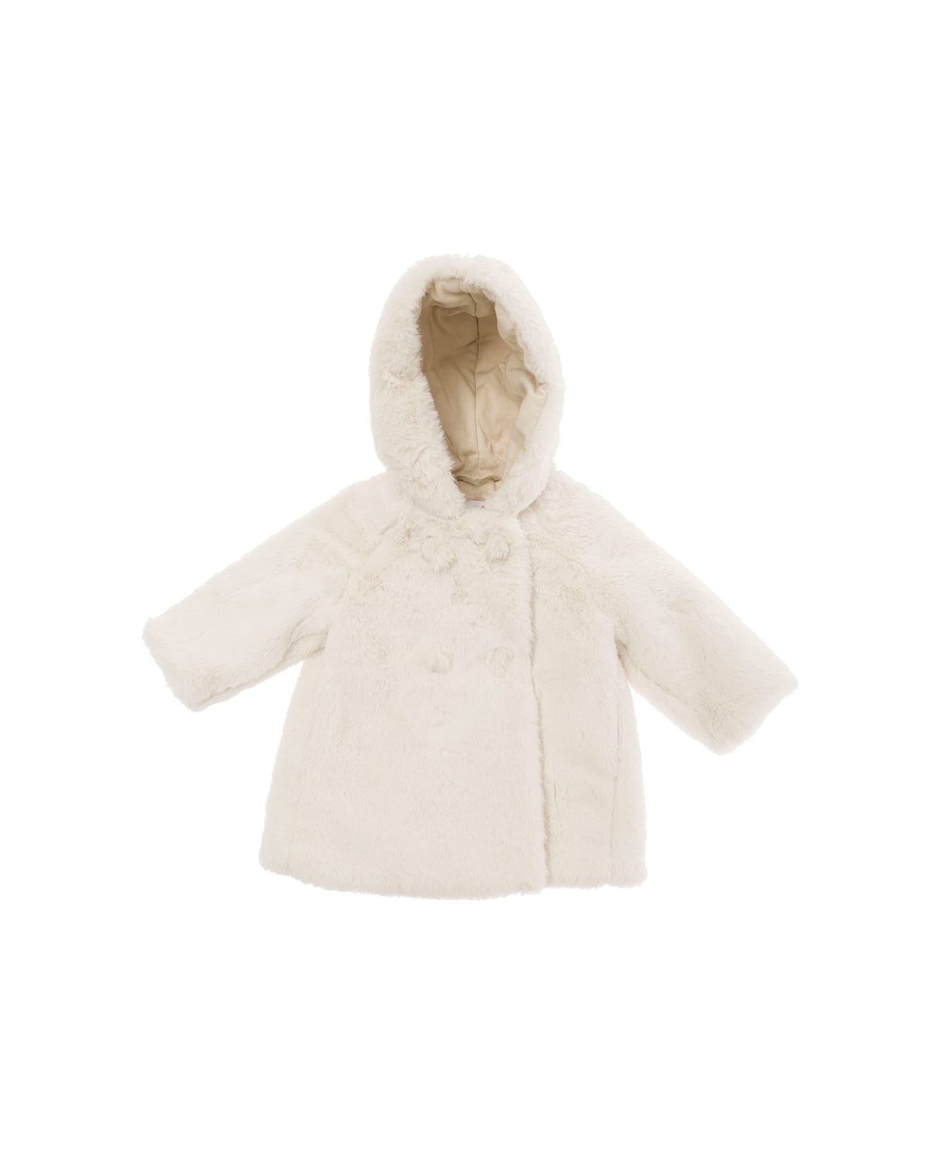 Il Gufo White Hooded Coat With Buttons In Faux Fur Baby - Naturale