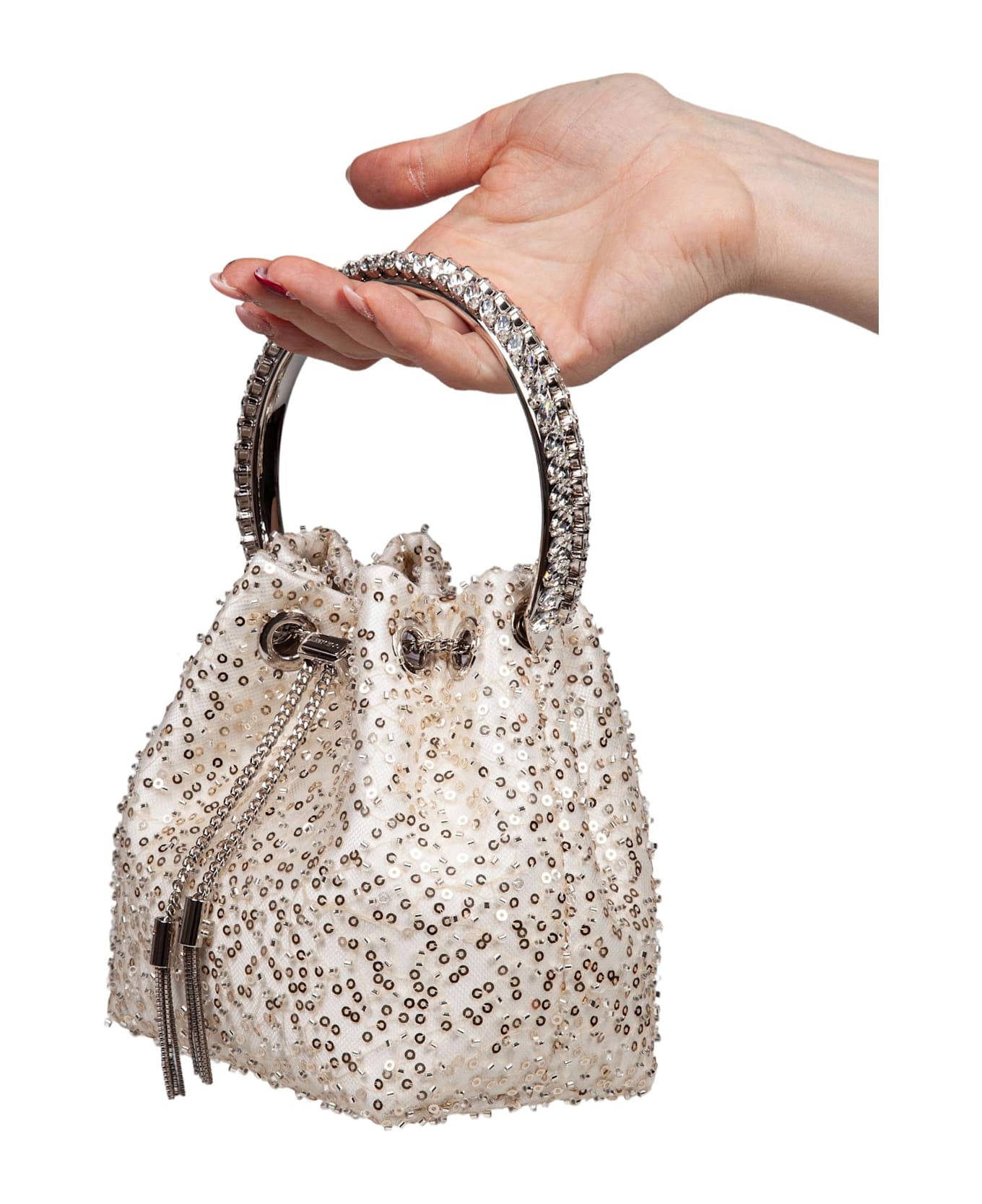 Jimmy Choo Bon Bon Satin Bag With Micro Net And Applied Stones - Ivory/Crystal