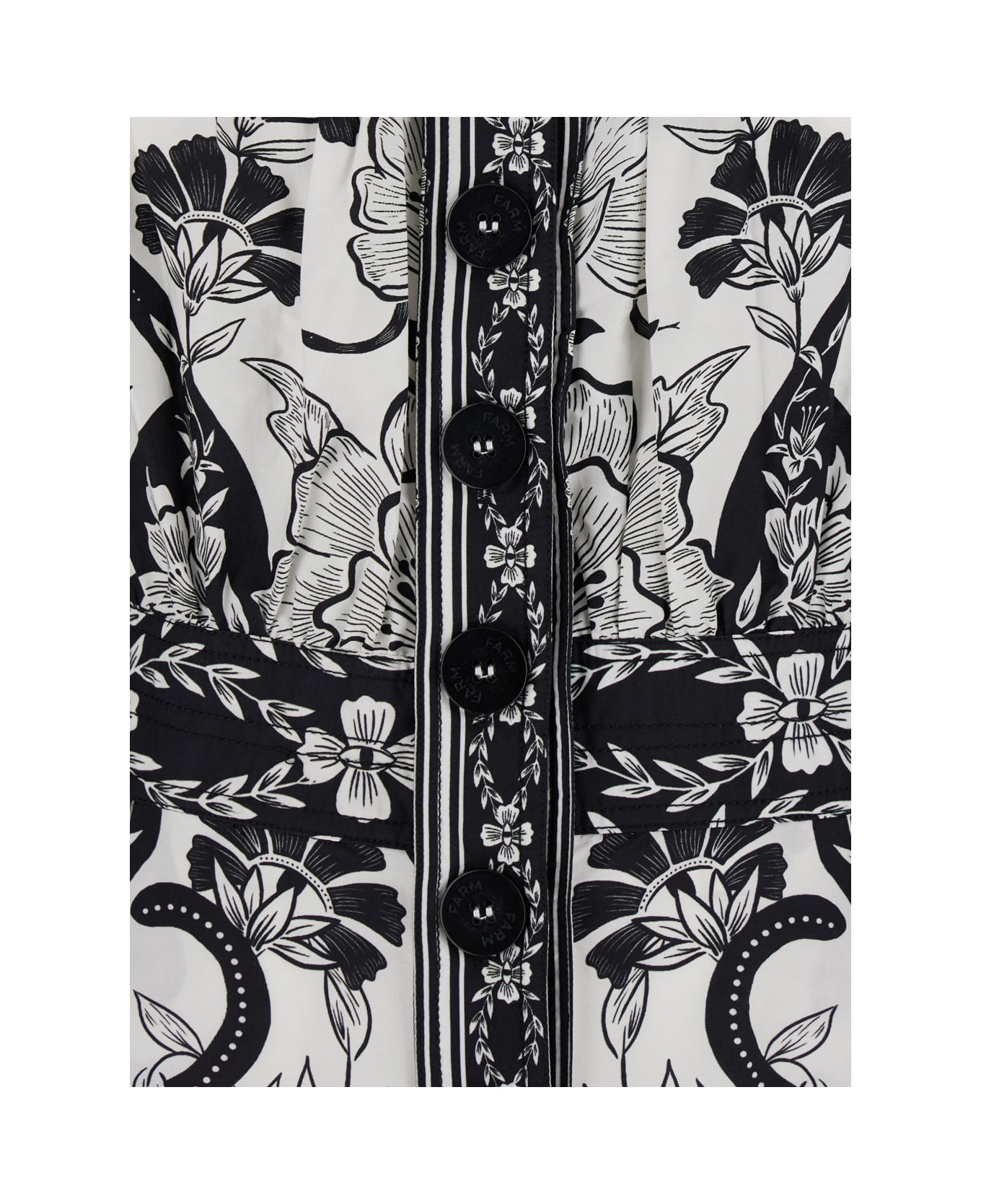 Farm Rio Black And White Long Dress With High Neck And All-over Floral Print In Cotton Woman - White/black