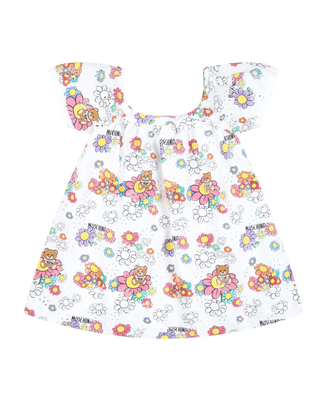 Moschino White Dress For Baby Girl With Teddy Bear And Flowers - White ウェア