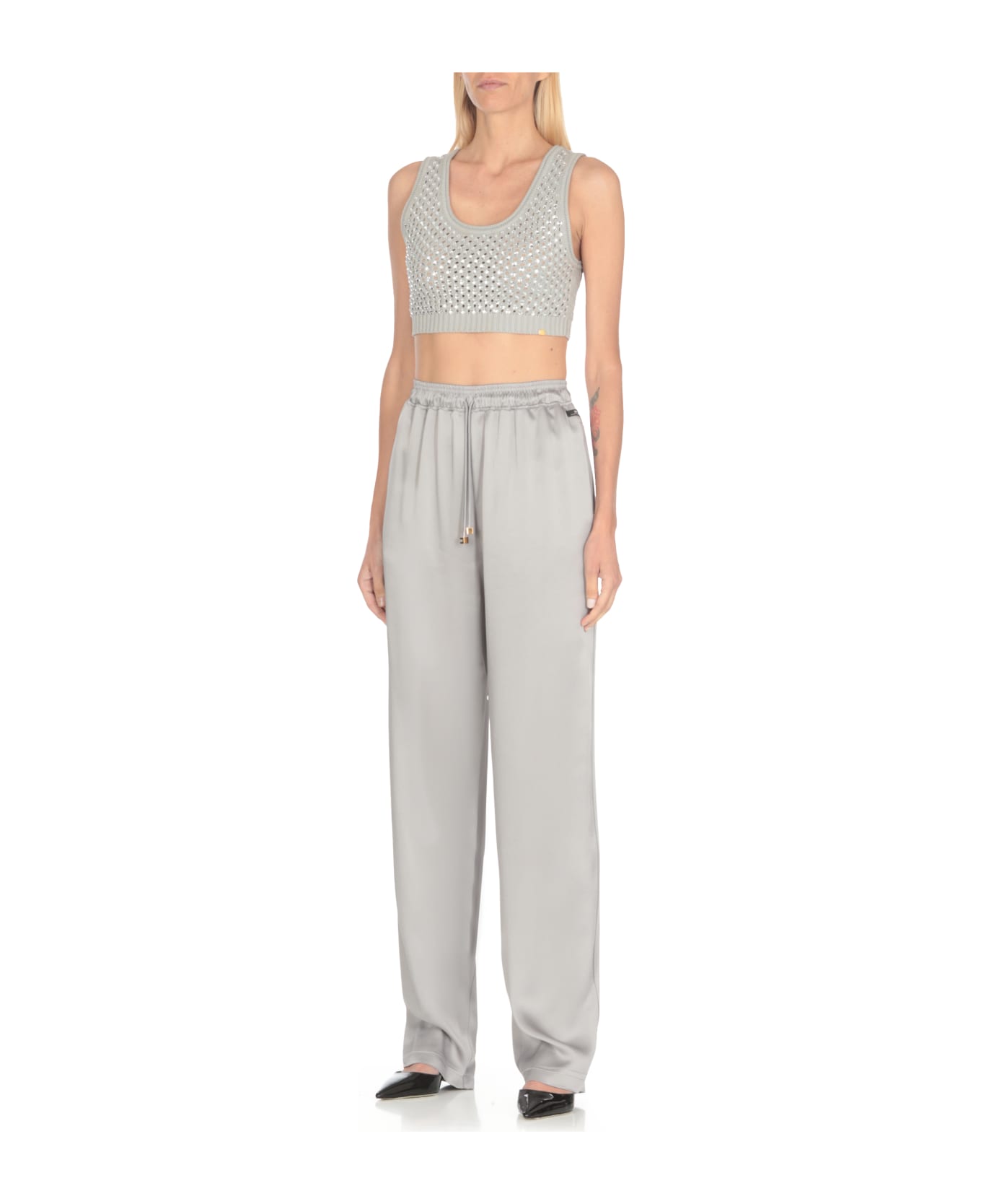 Elisabetta Franchi Knitted Top With Strass - Grey