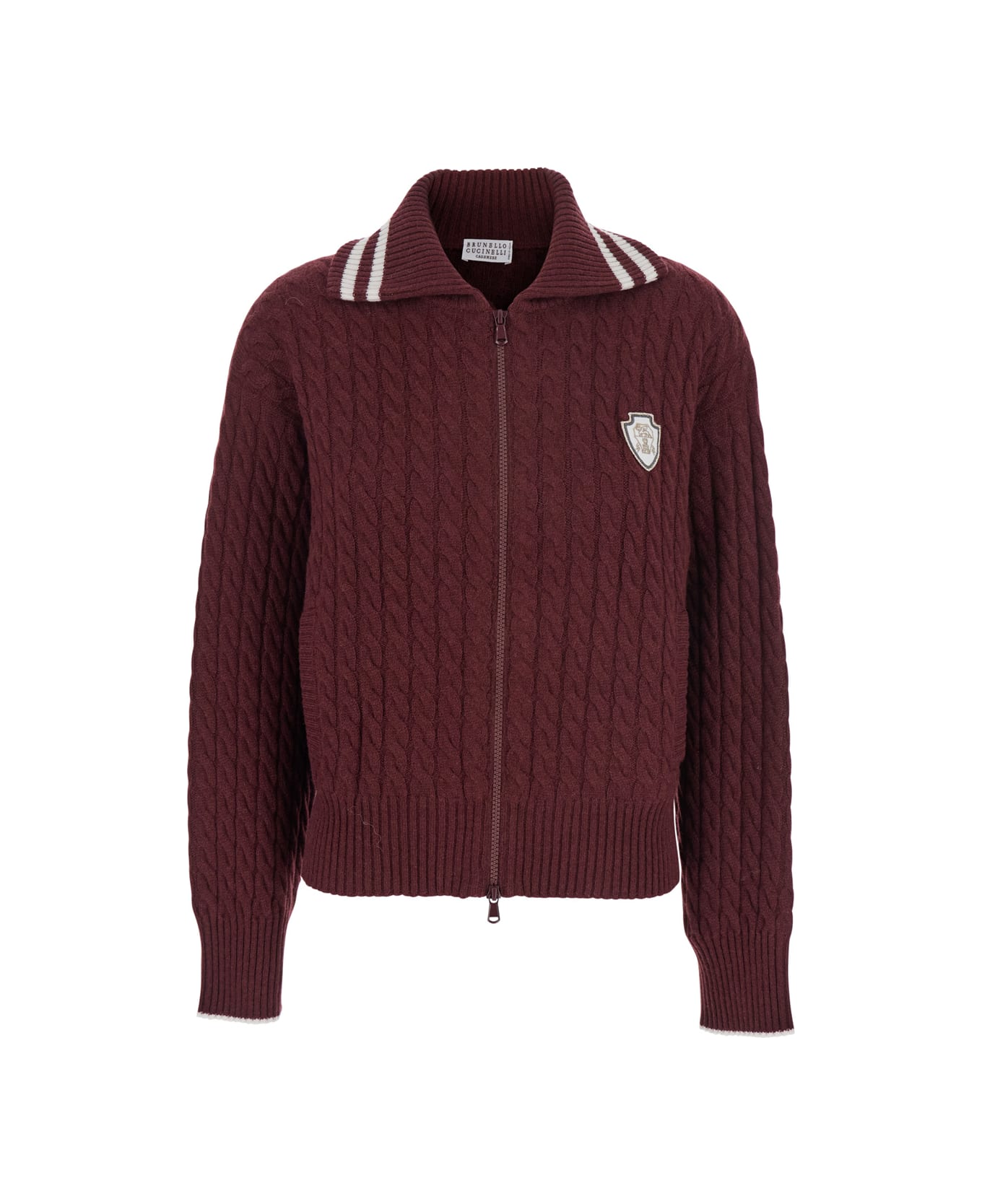 Brunello Cucinelli Red Cardigan With Bicolor Collar And Logo Patch On The Front In Cashmere Woman - Red