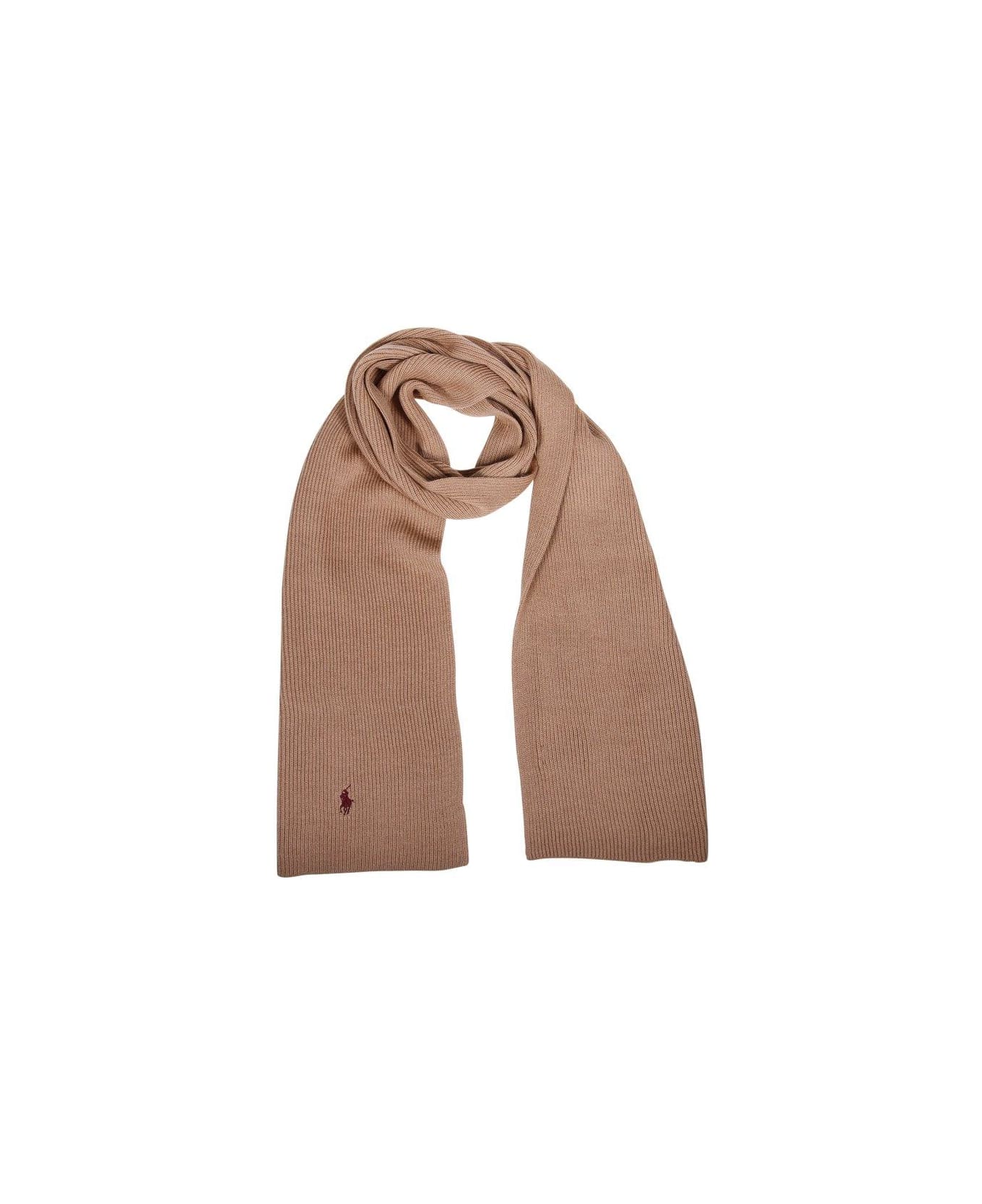 Ralph Lauren Pony Embroidered Ribbed-knit Scarf - CAMMELLO