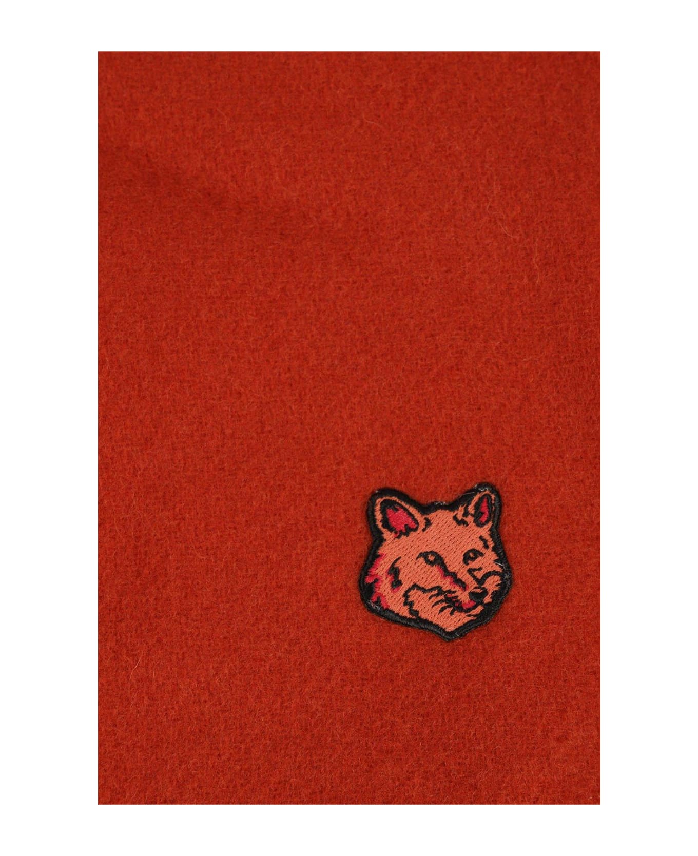 Maison Kitsuné Logo Patch Fringed Knit Scarf - RED