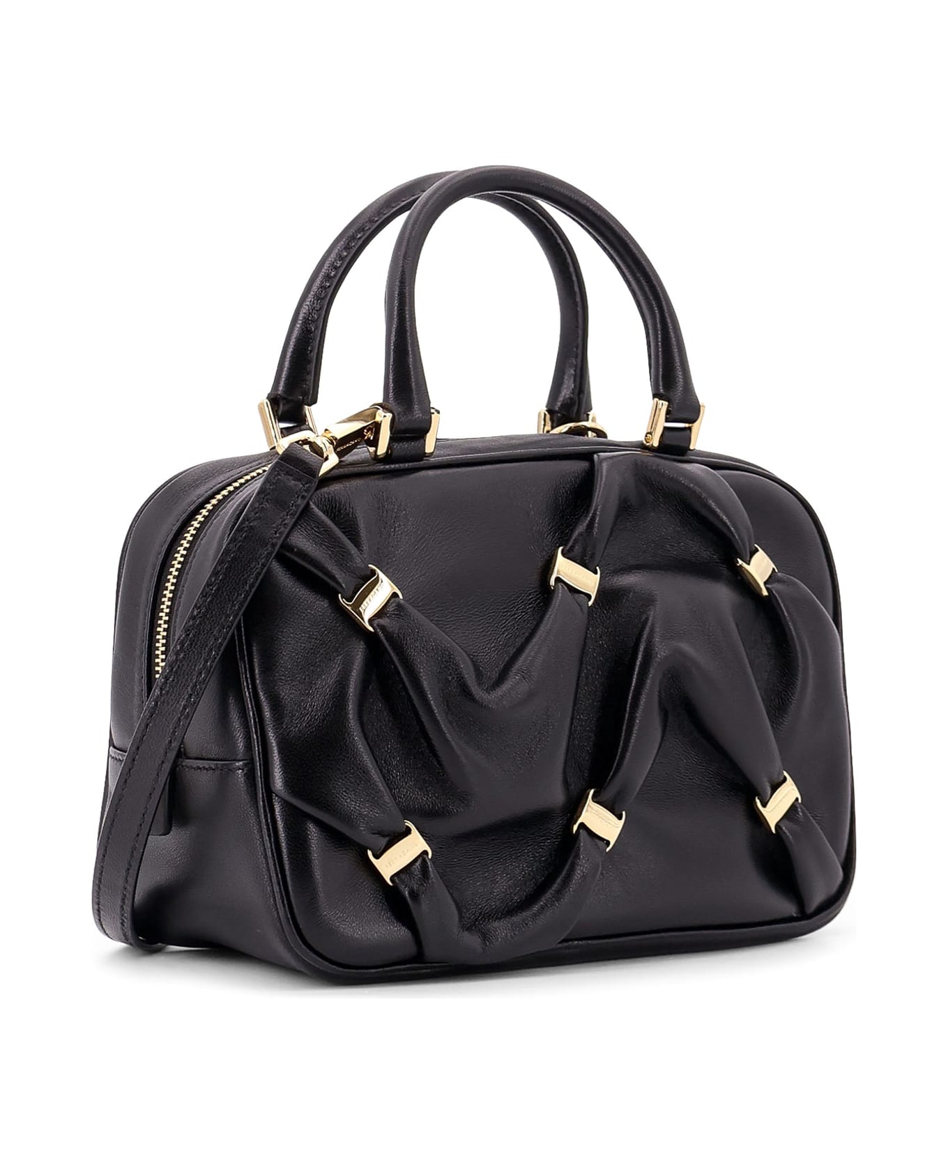 Ferragamo Leather Handbag With Draped Details Secured By Mini Vara Bows - Black