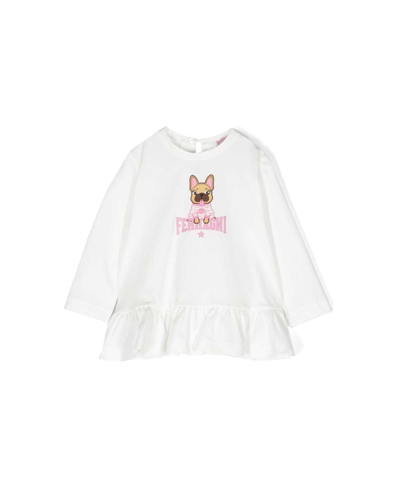 Chiara Ferragni Maxi White T-shirt With Pug-dog And Logo Lettering Print In Cotton Woman - White Tシャツ＆ポロシャツ