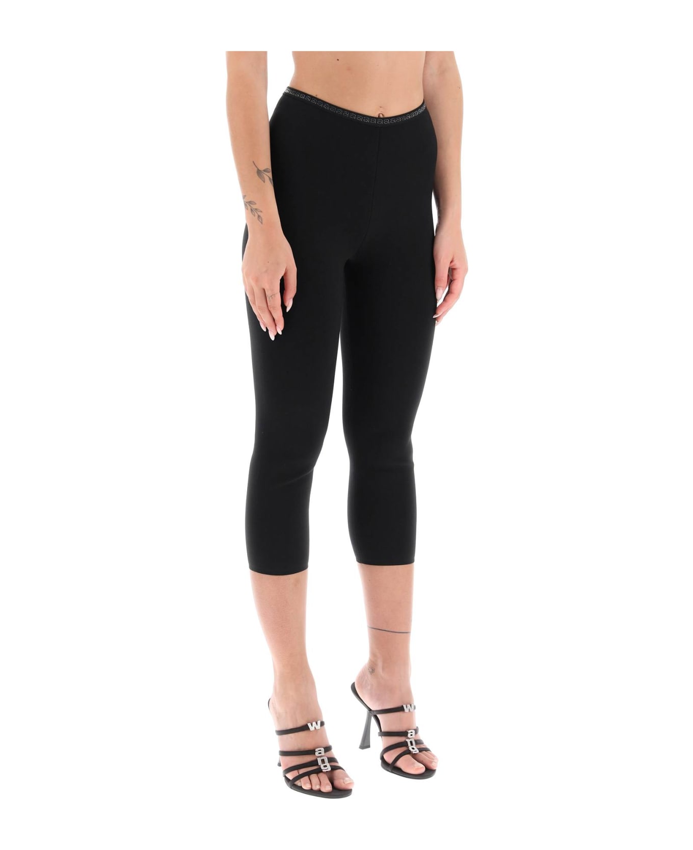 Alexander Wang Cropped Leggings With Crystal-studded Logoed Band - BLACK (Black)