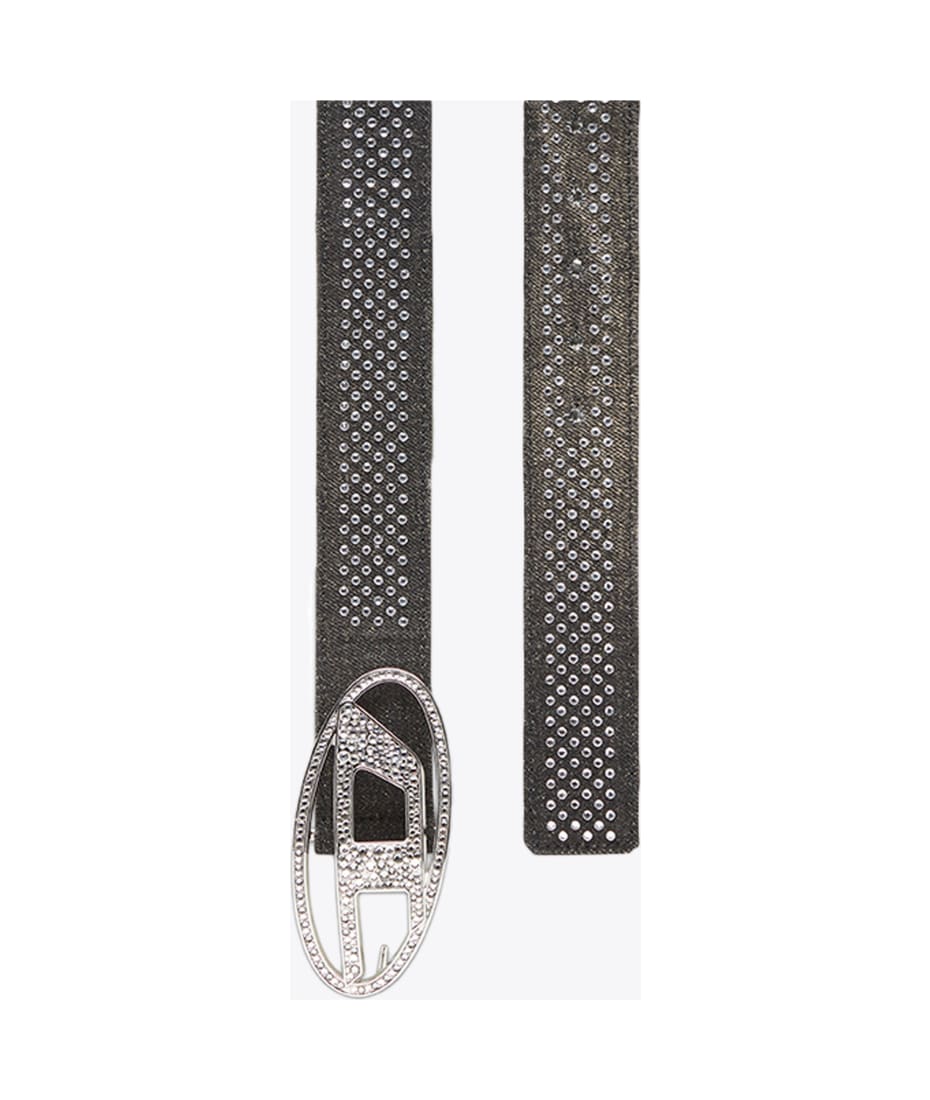 Diesel Oval D Logo B-1dr Strass Black denim and leather belt with