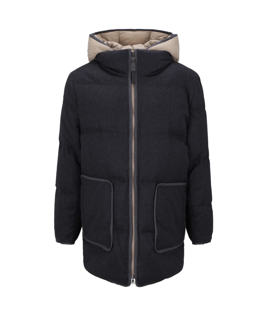 Brunello Cucinelli Long Down Jacket In Soft Wool Padded With Real