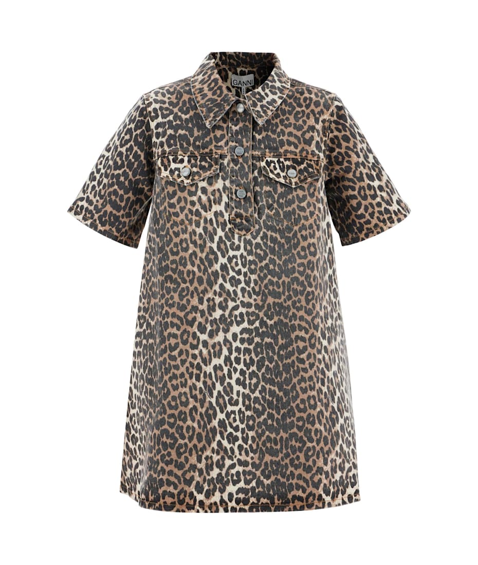 white christmas dresses Ganni Leopard Printed Denim Mini Dress– Willow & Wolf Marlborough main image 1