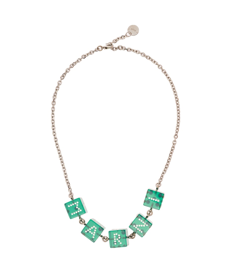 Marni Chain Necklace With Branded Dice-shaped Charms In Green Transparent Resin Woman - Acciaio