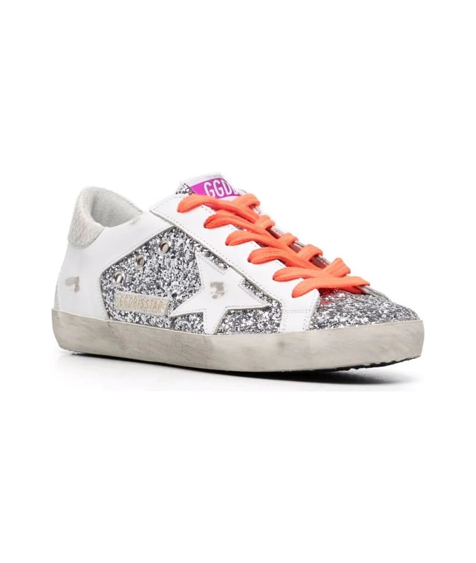 Golden Goose Woman White Leather And Silver Glitter Super-star