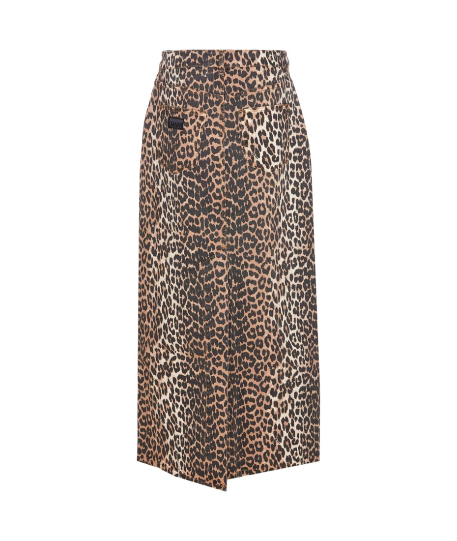 スカート GANNI COTTON DENIM ANIMAL PRINT MAXI SPLIT SKIRT Ganni Leopard Denim Maxi Slit Skirt | italist