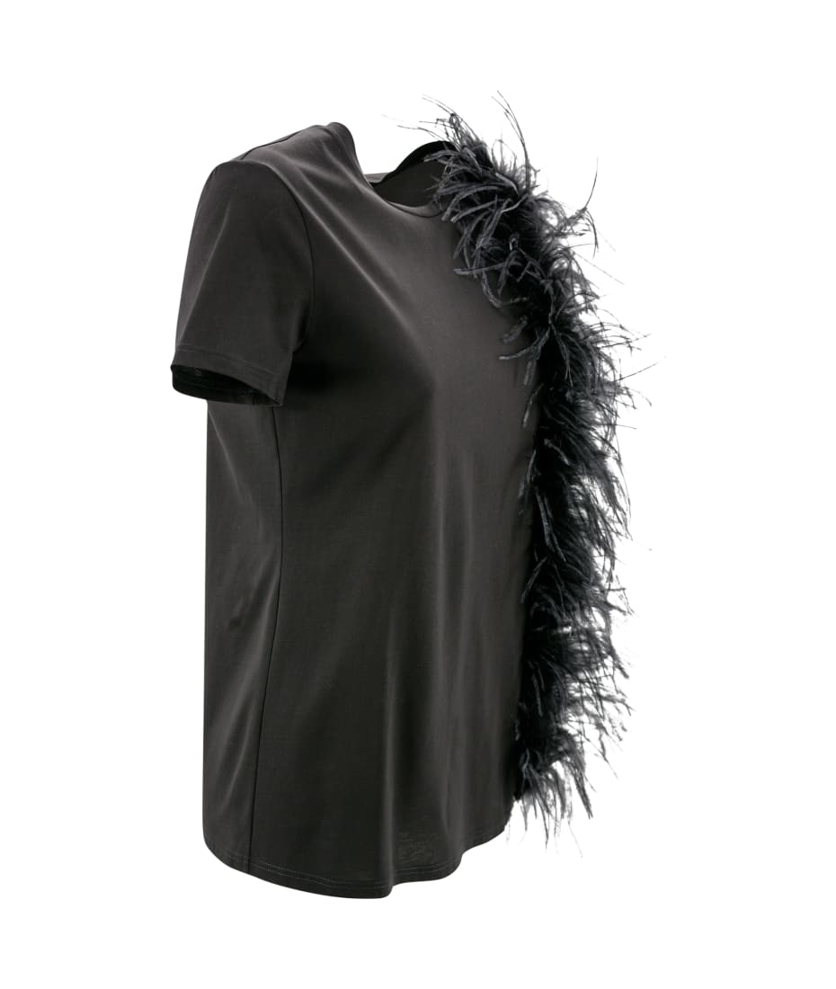 Max Mara Studio Jersey T-shirt With Feathers - Black