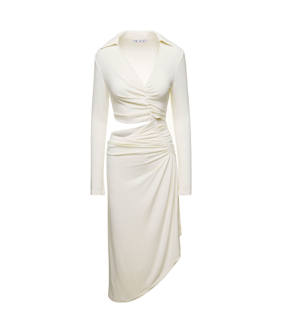 Midi White Dress With Cut And Gathering Details In Viscose Stretch Woman