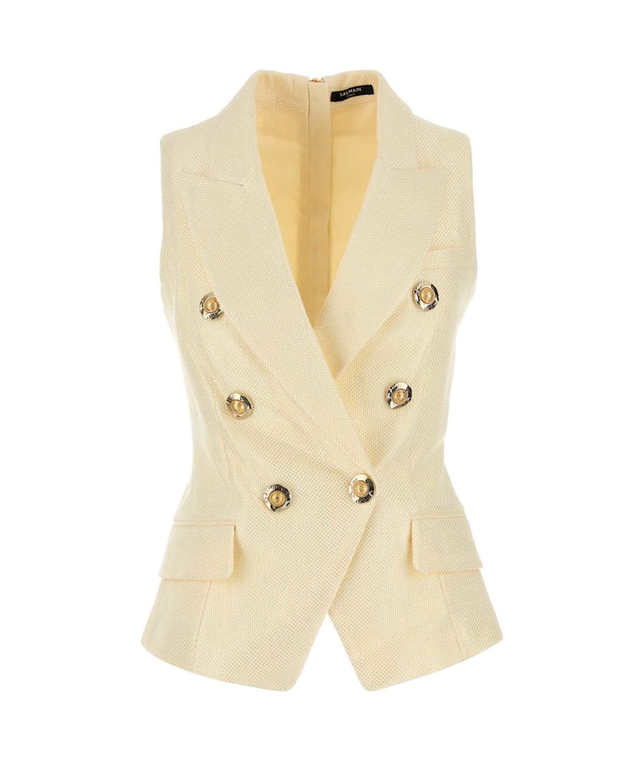 ベスト・ジレ BALMAIN FW25 Cream jacquard vest (FF1AG740VI29 0CF) Balmain Cream Jacquard Vest | italist