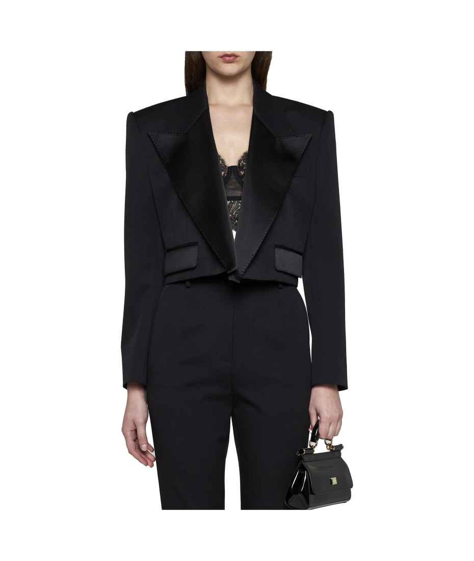 【送料&関税込】Dolce & Gabbana Short Tuxedo Jacket Short double-breasted wool gabardine tuxedo jacket in Black
