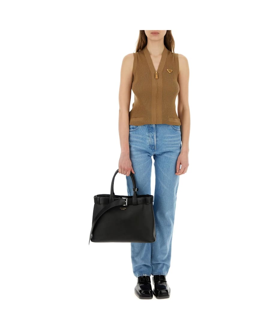 Prada Black Leather Buckle Large Handbag | italist