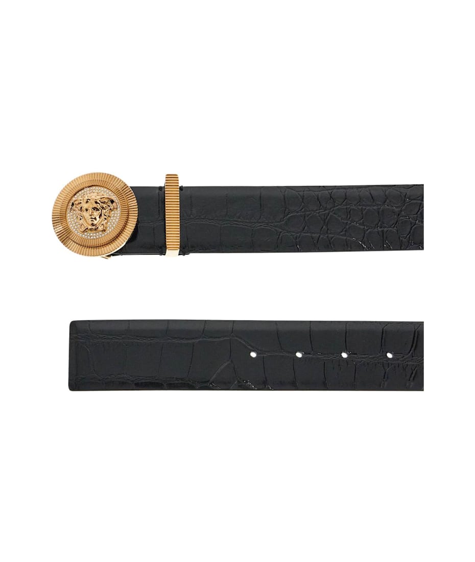 Versace Black Embossed Crocodile Calfskin Belt With Rhinestones