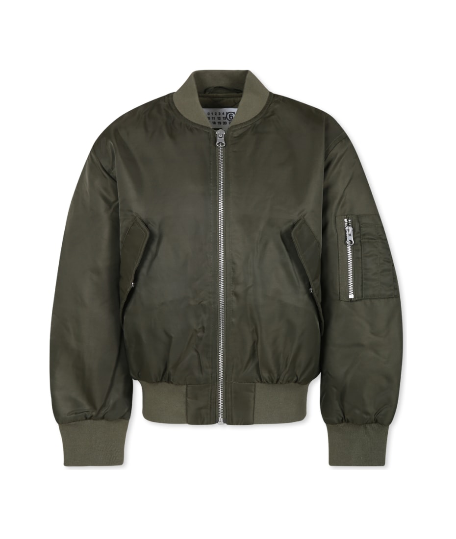 MM6 Maison Margiela Green Bomber Jacket For Kids With Logo