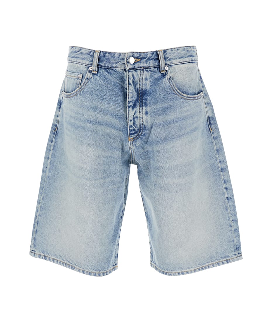 Light Blue Five-pocket Bermuda Shorts With Logo Patch On The Back In Denim Man